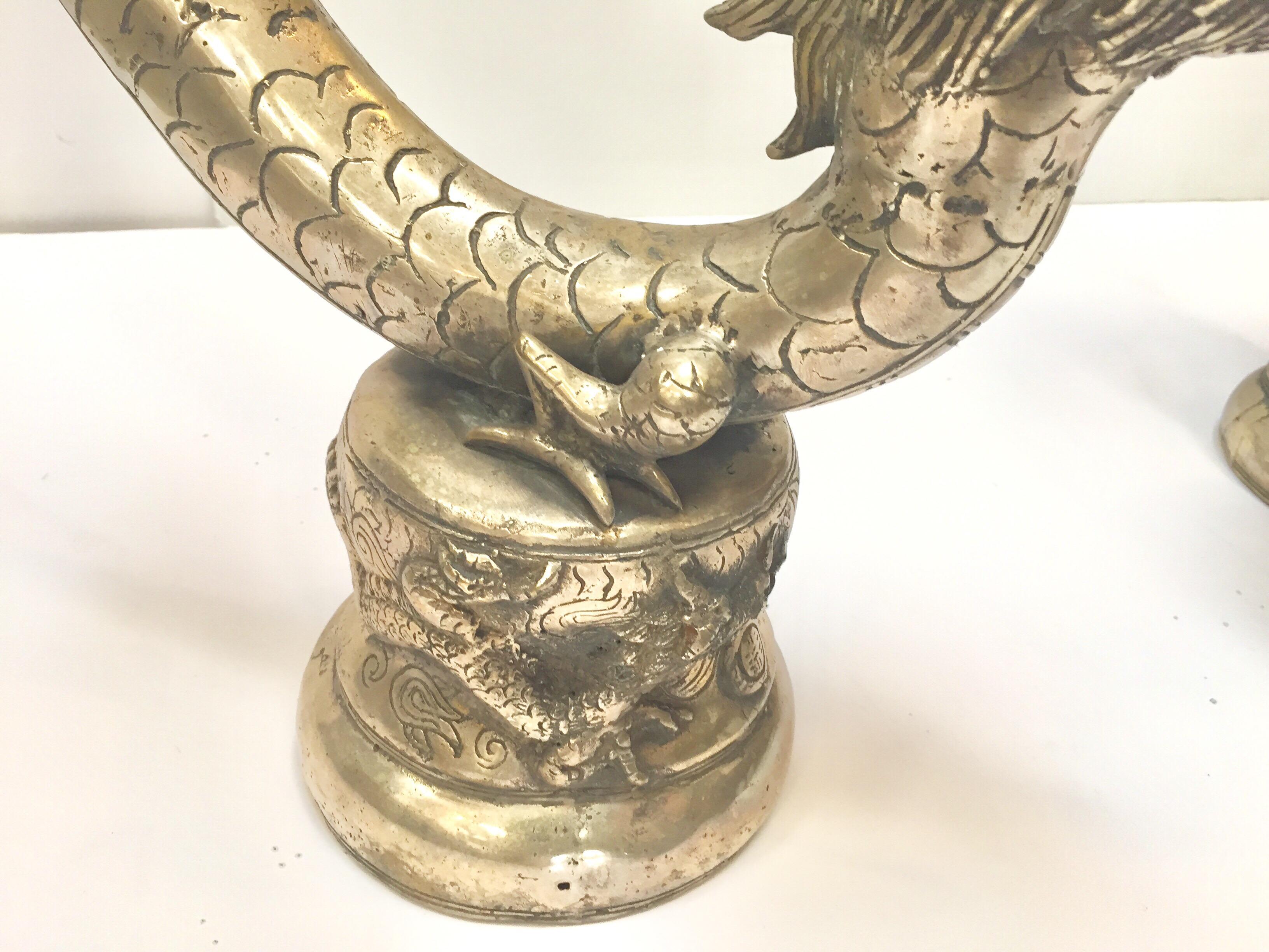 20th Century Set of Two Large Silvered Cast Metal Candle Stands Asian Dragons Sculptures