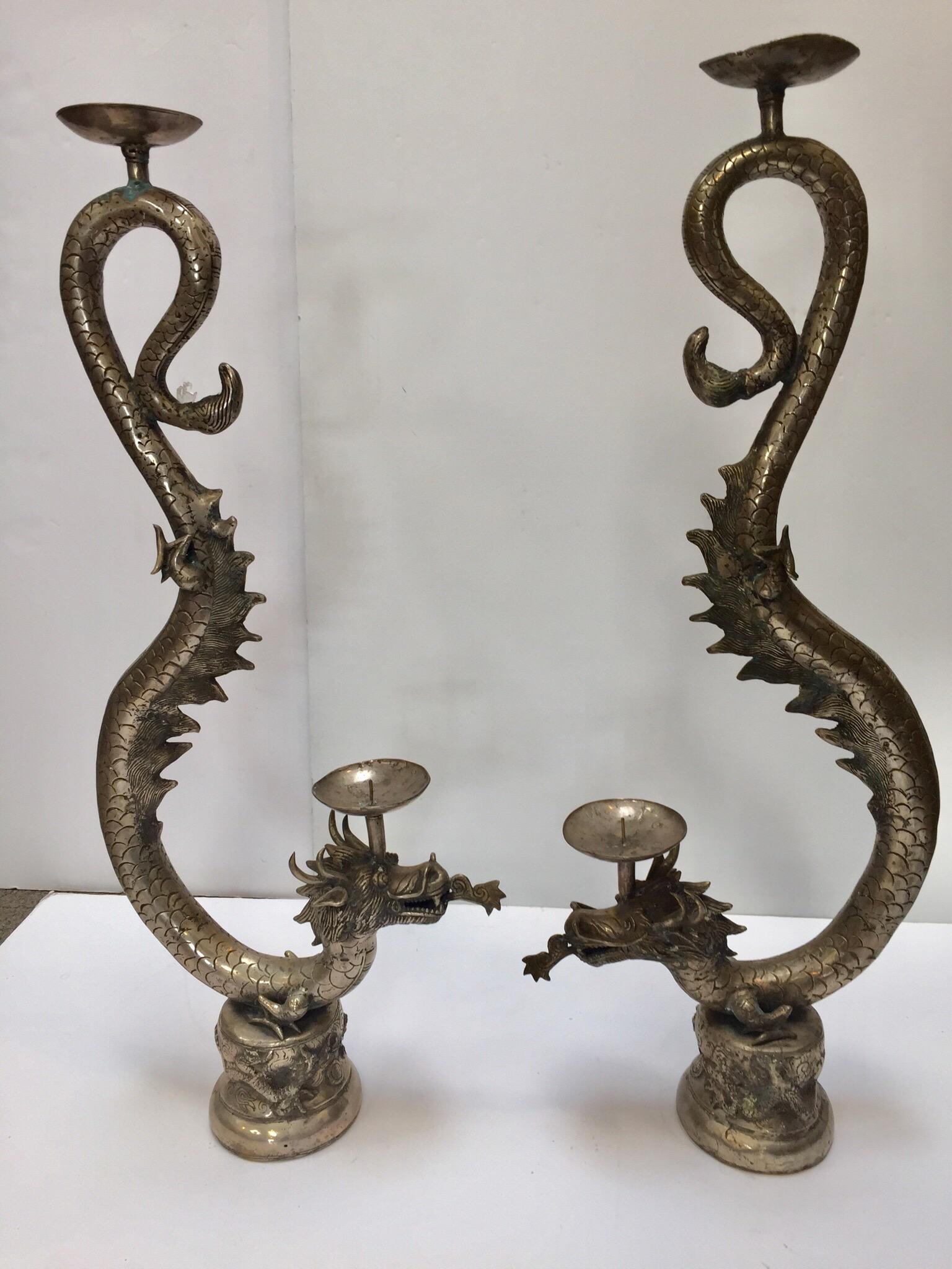 Set of Two Large Silvered Cast Metal Candle Stands Asian Dragons Sculptures 1
