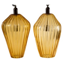 Set of Two Large Vintage Geometric Murano Blown Amber Ribbed Pendants, UL