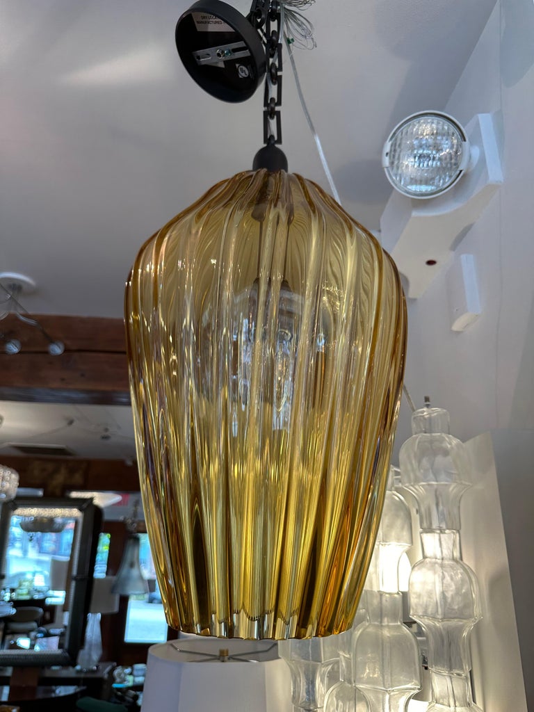 Set of Two Large Vintage Geometric Murano Blown Amber Ribbed Pendants, UL  For Sale at 1stDibs, image size:768x1024