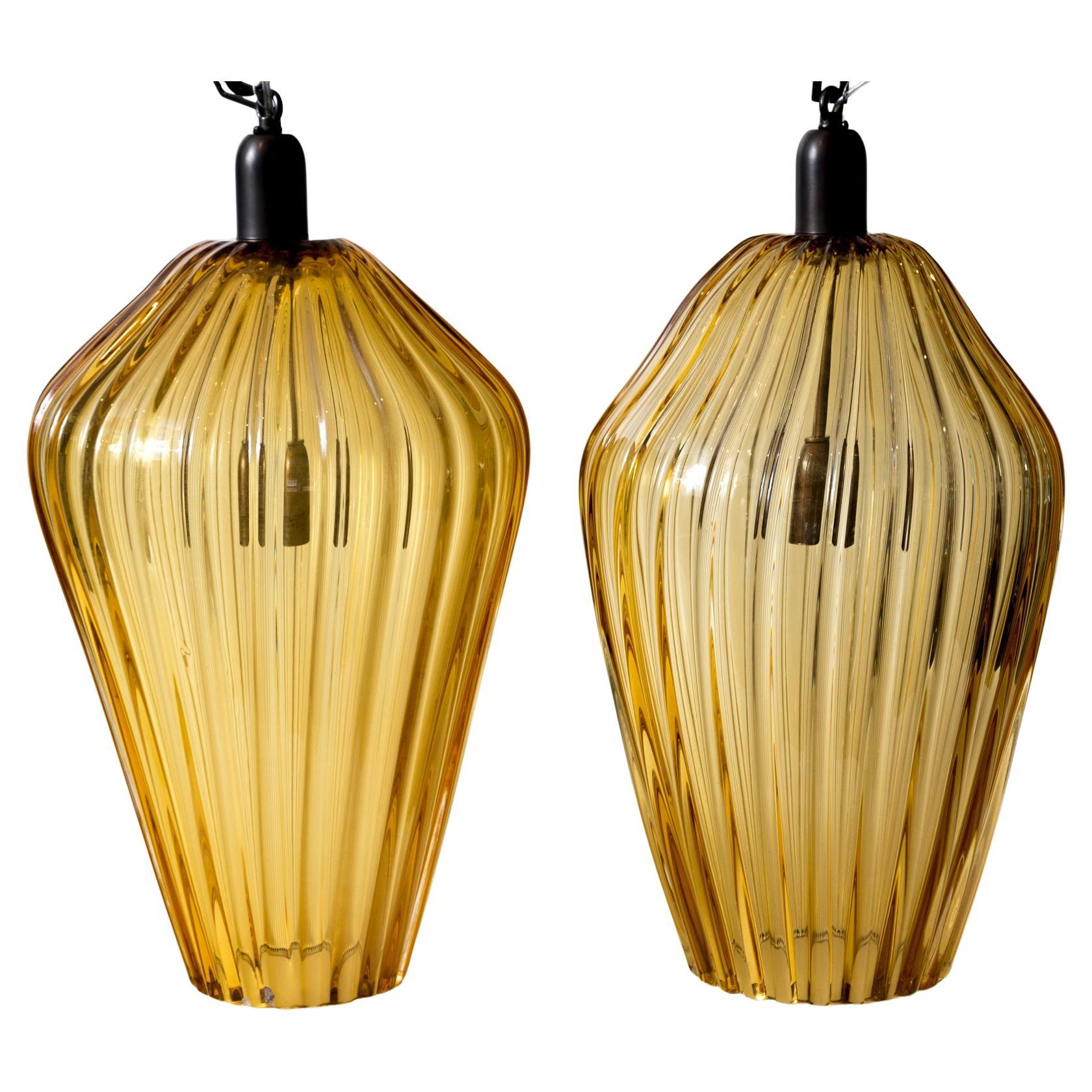 Set of Two Large Vintage Geometric Murano Blown Amber Ribbed Pendants, UL