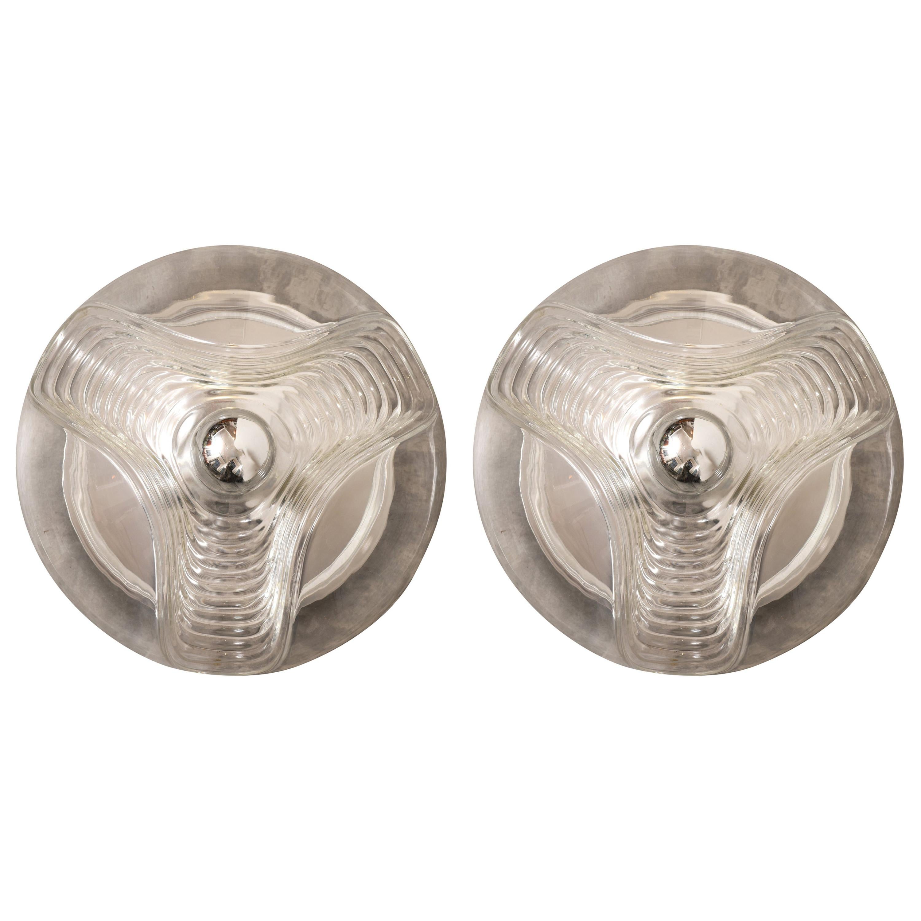 Set of Two Large Wave Clear Flush Mount or Wall lights by Peill & Putzler