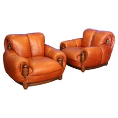 Vintage set of two leather armchairs cognac colored in the style of sergio rodriguez