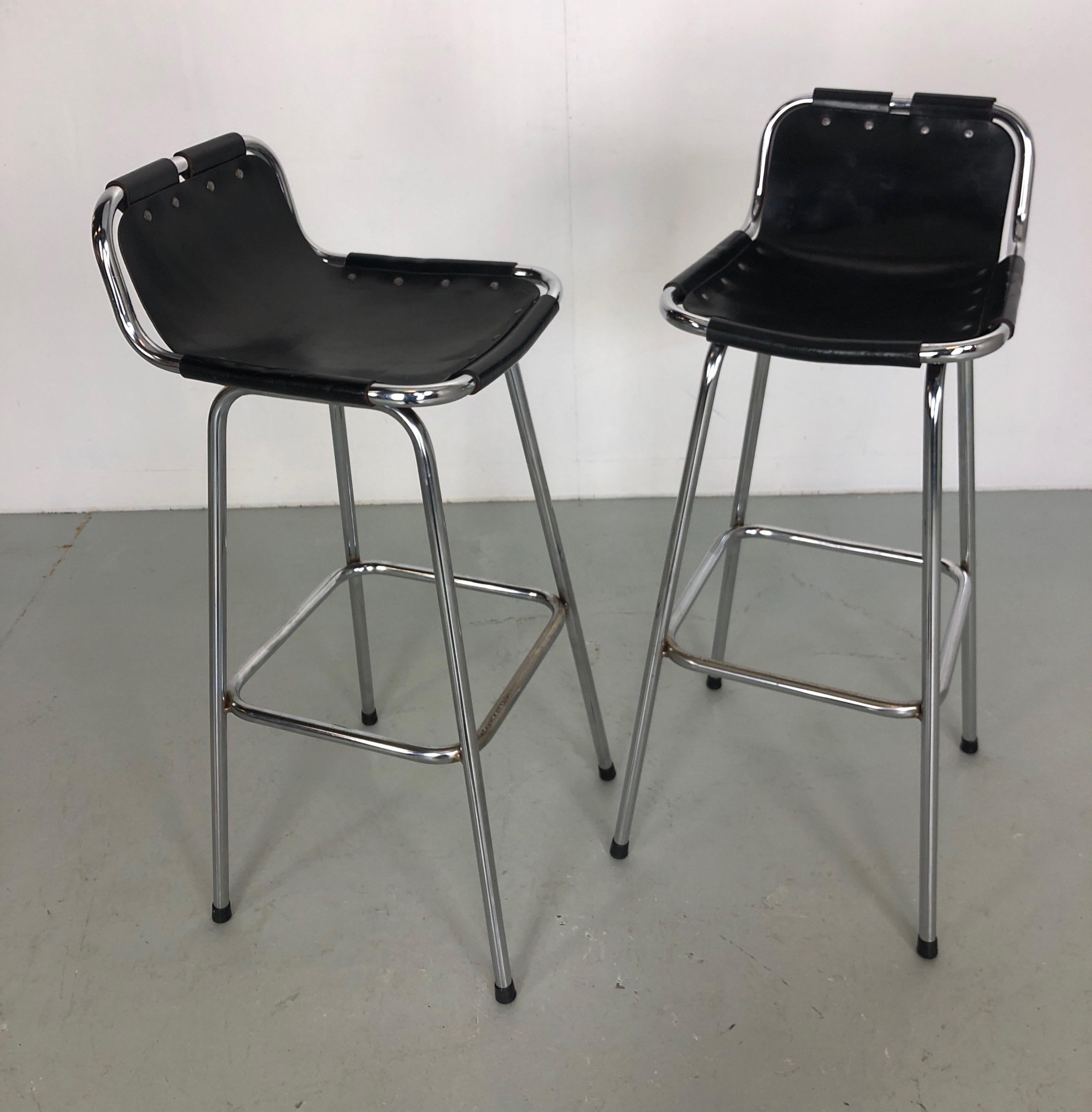 Mid-Century Modern Set of Two Leather Barstools Selected by Charlotte Perriand for Les Arcs