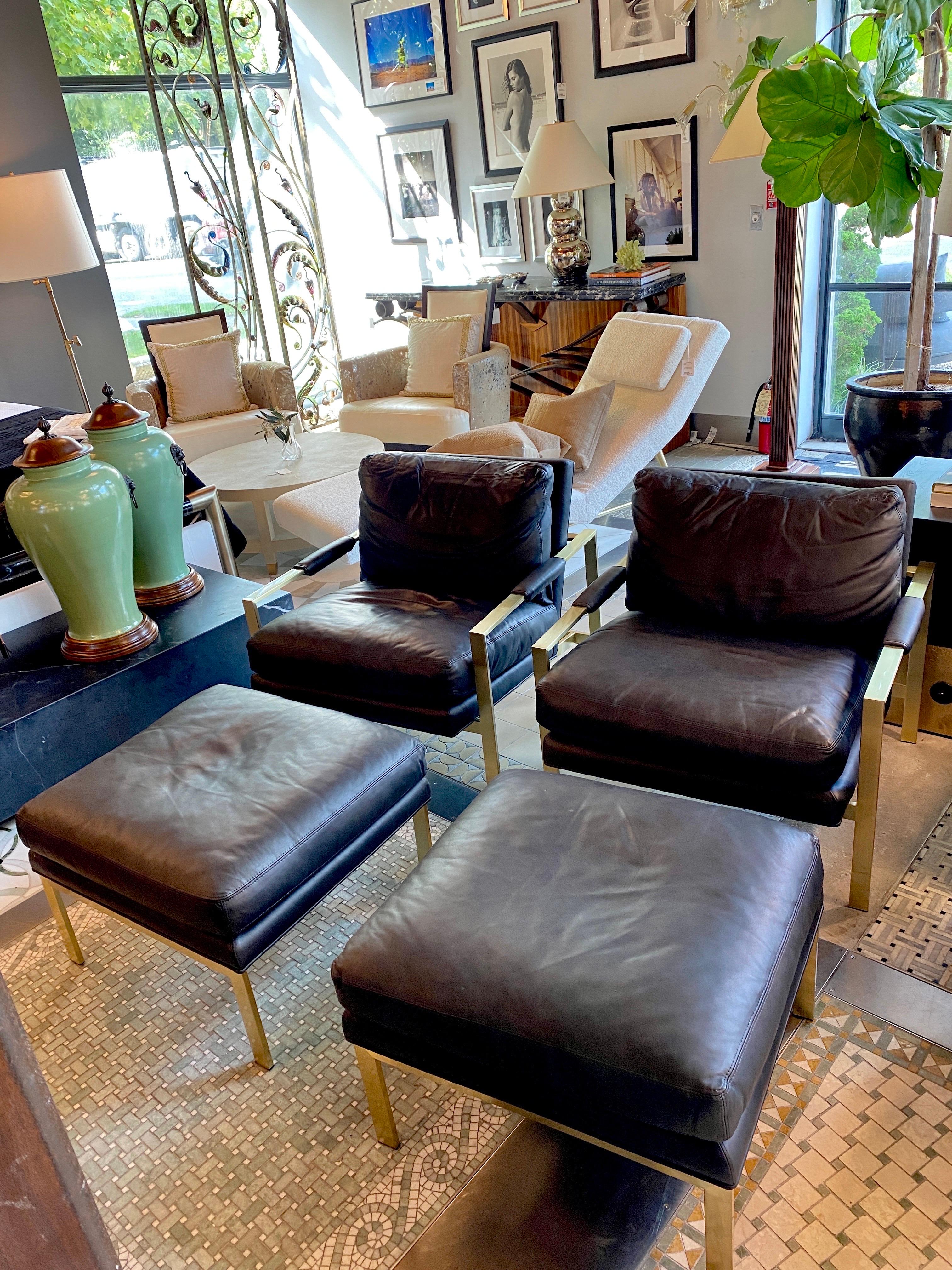 Milo Baughman Model #951leather set of 2 chairs and 2 ottomans, 1966 by Restoration Hardware. 

Chair - 32