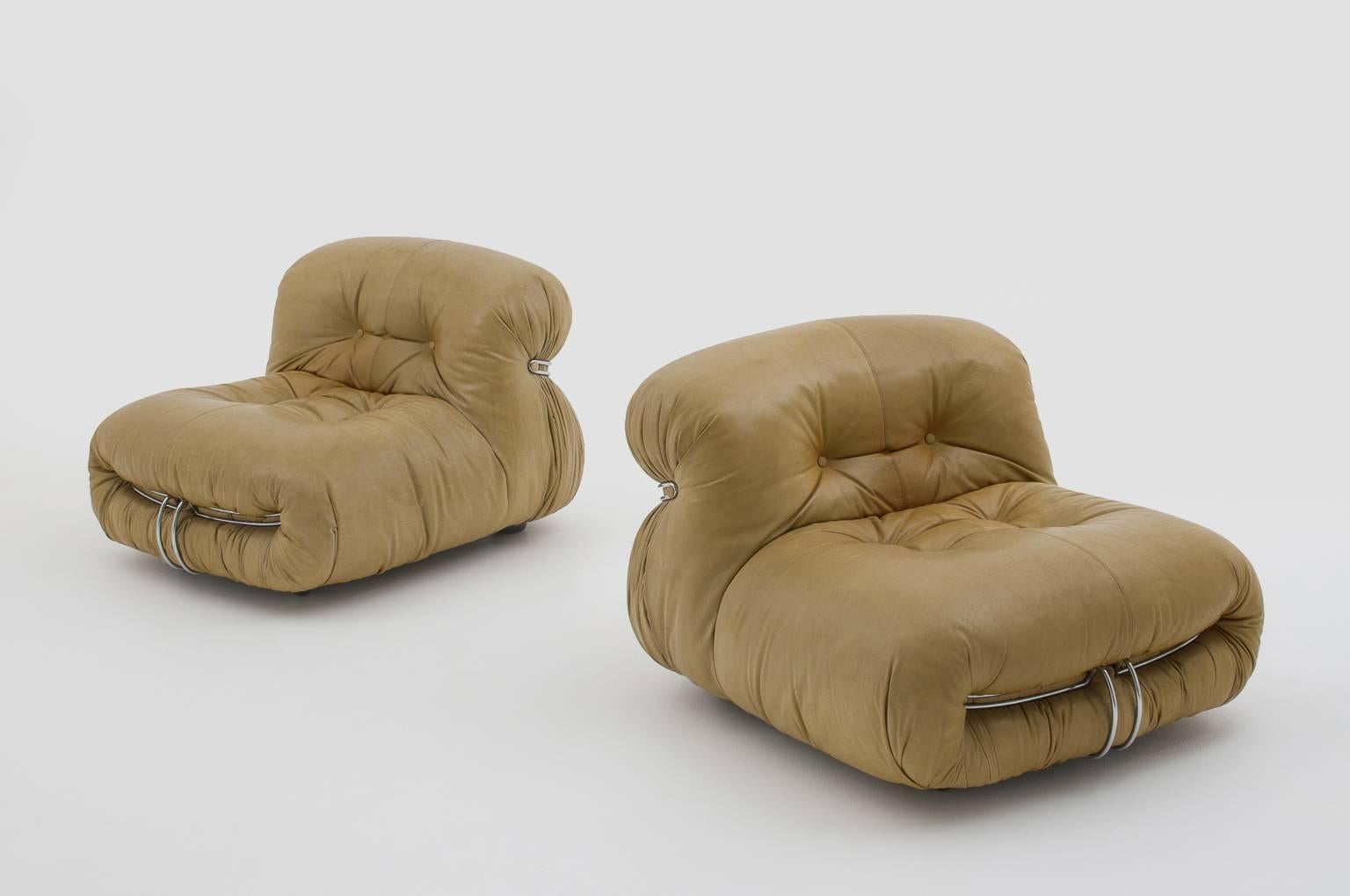 Mid-Century Modern Leather Italian Midcentury Soriana Lounge Chairs by Afra & Tobia Scarpa, 1960s