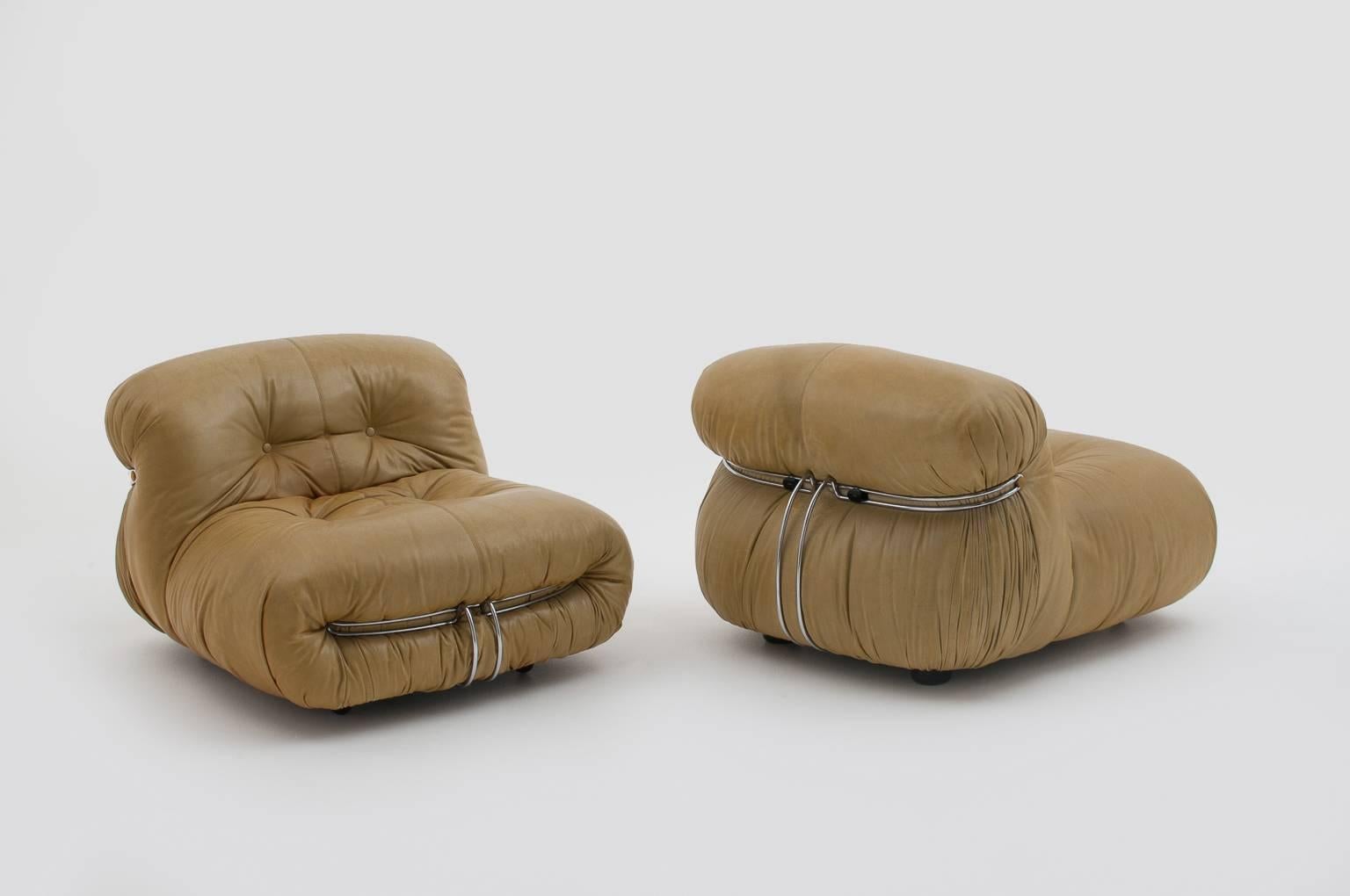 Patinated Leather Italian Midcentury Soriana Lounge Chairs by Afra & Tobia Scarpa, 1960s