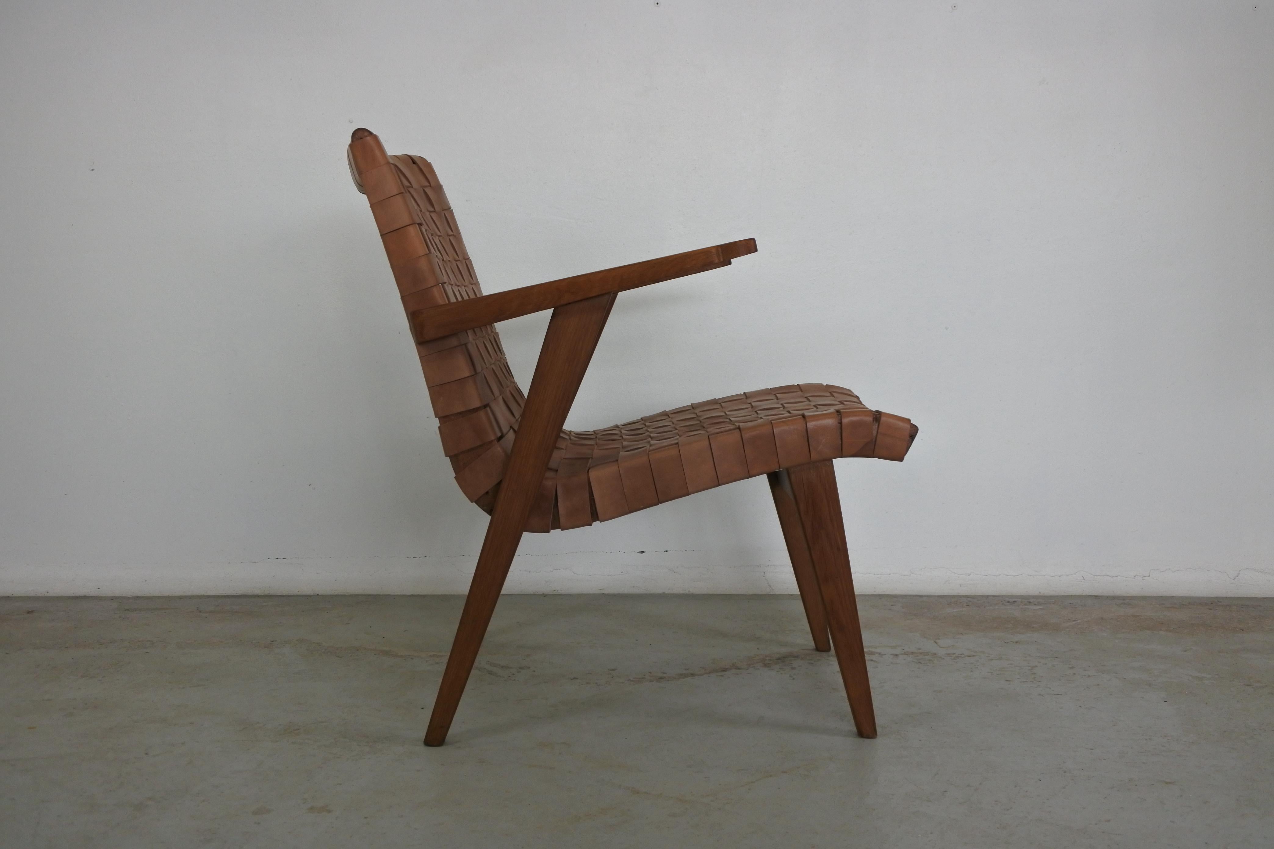 Set of Two Leather Webbed & Oak Lounge Chairs Attr. to Jens Risom & Knoll, 1950s 4
