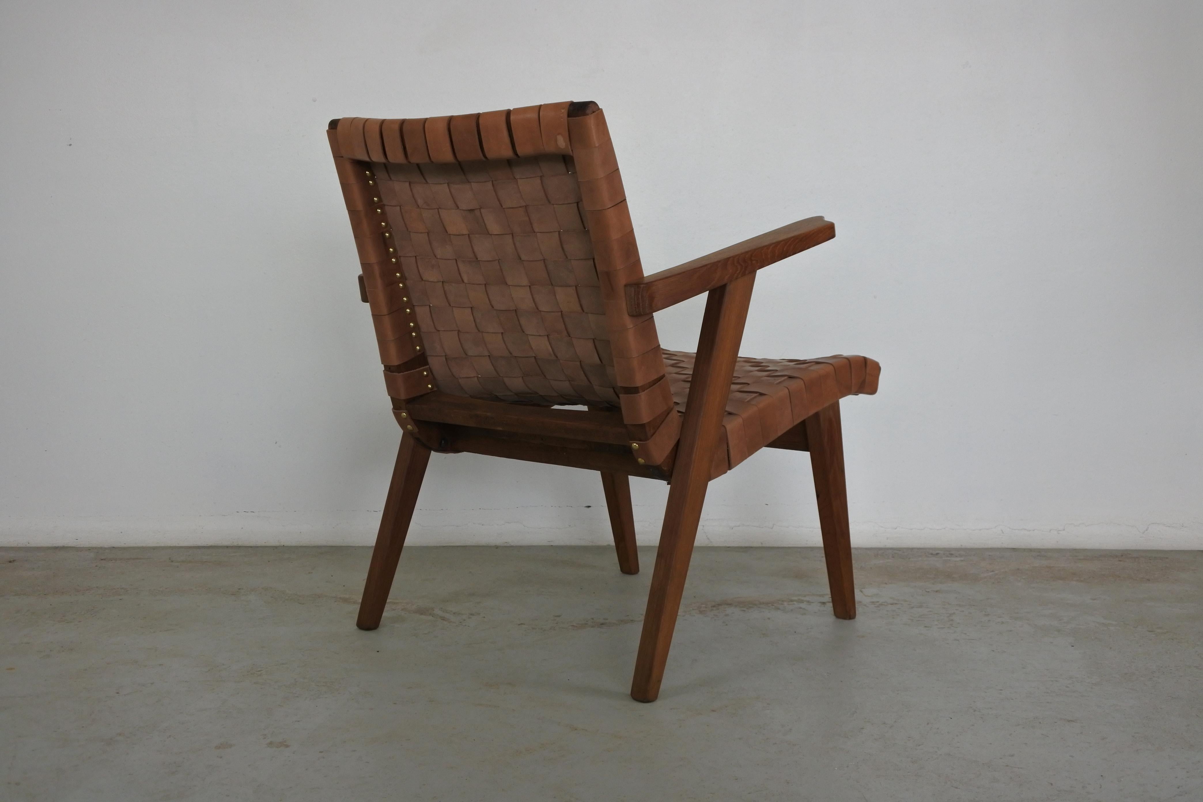 Set of Two Leather Webbed & Oak Lounge Chairs Attr. to Jens Risom & Knoll, 1950s 5