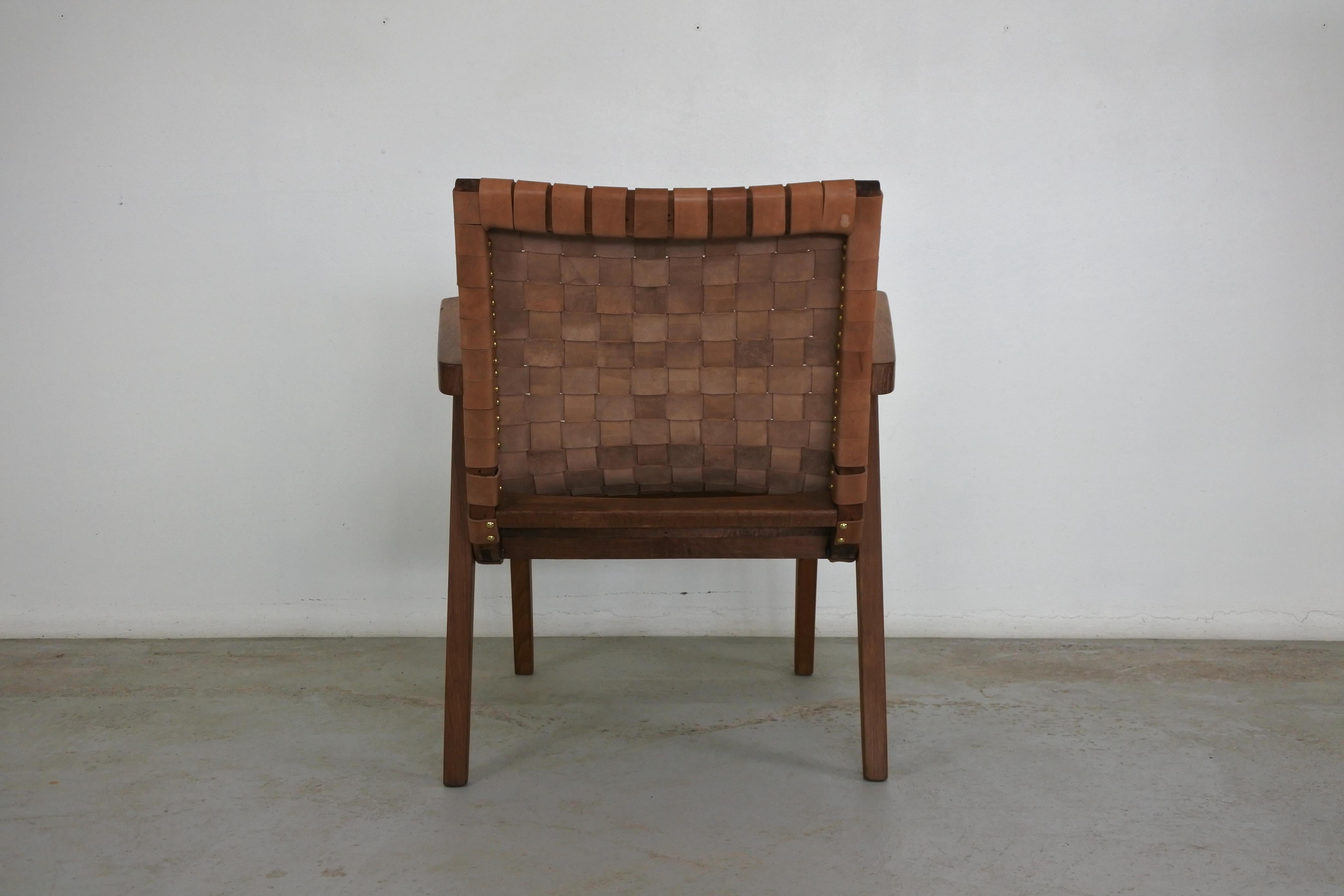 Set of Two Leather Webbed & Oak Lounge Chairs Attr. to Jens Risom & Knoll, 1950s 6