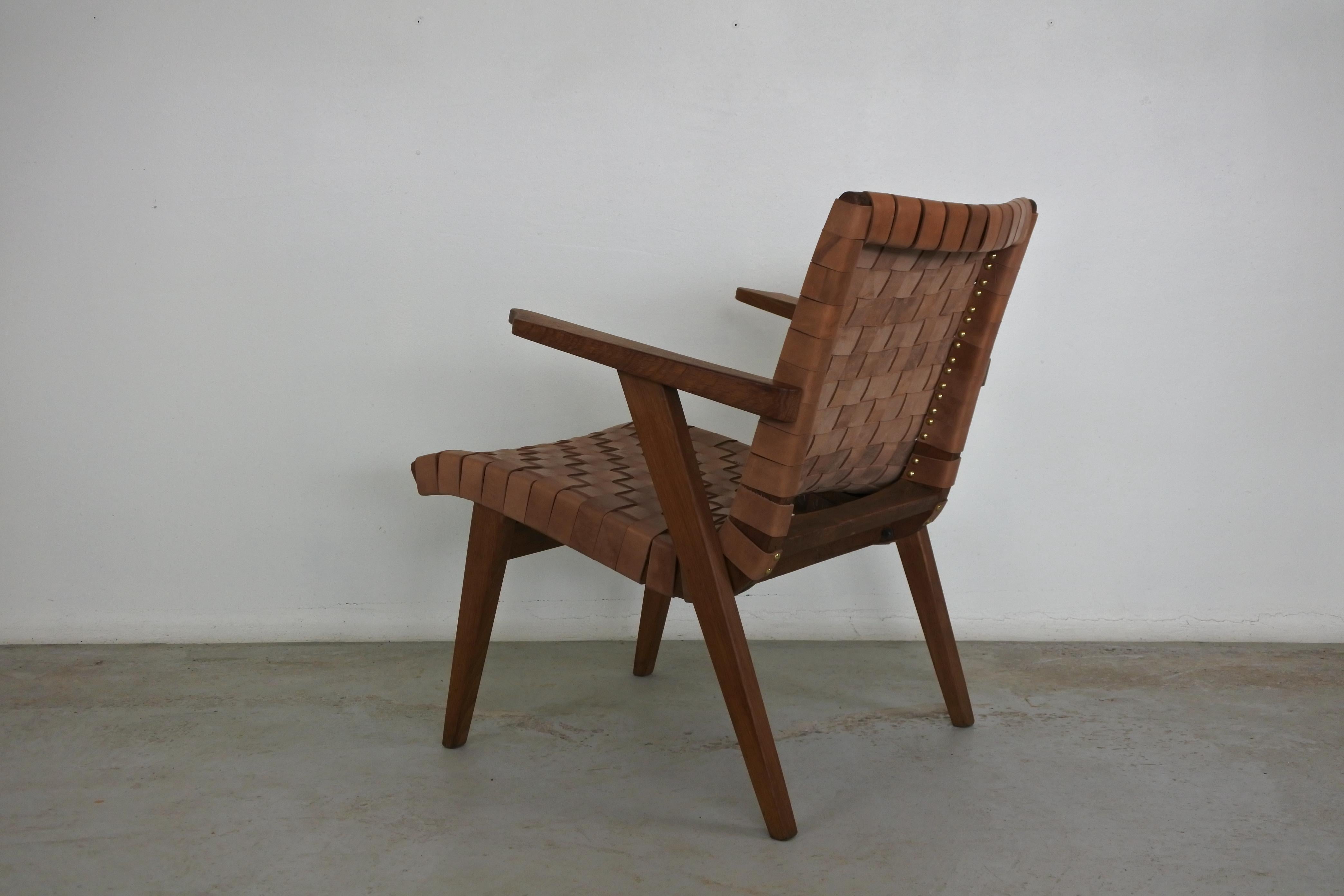 Set of Two Leather Webbed & Oak Lounge Chairs Attr. to Jens Risom & Knoll, 1950s 7
