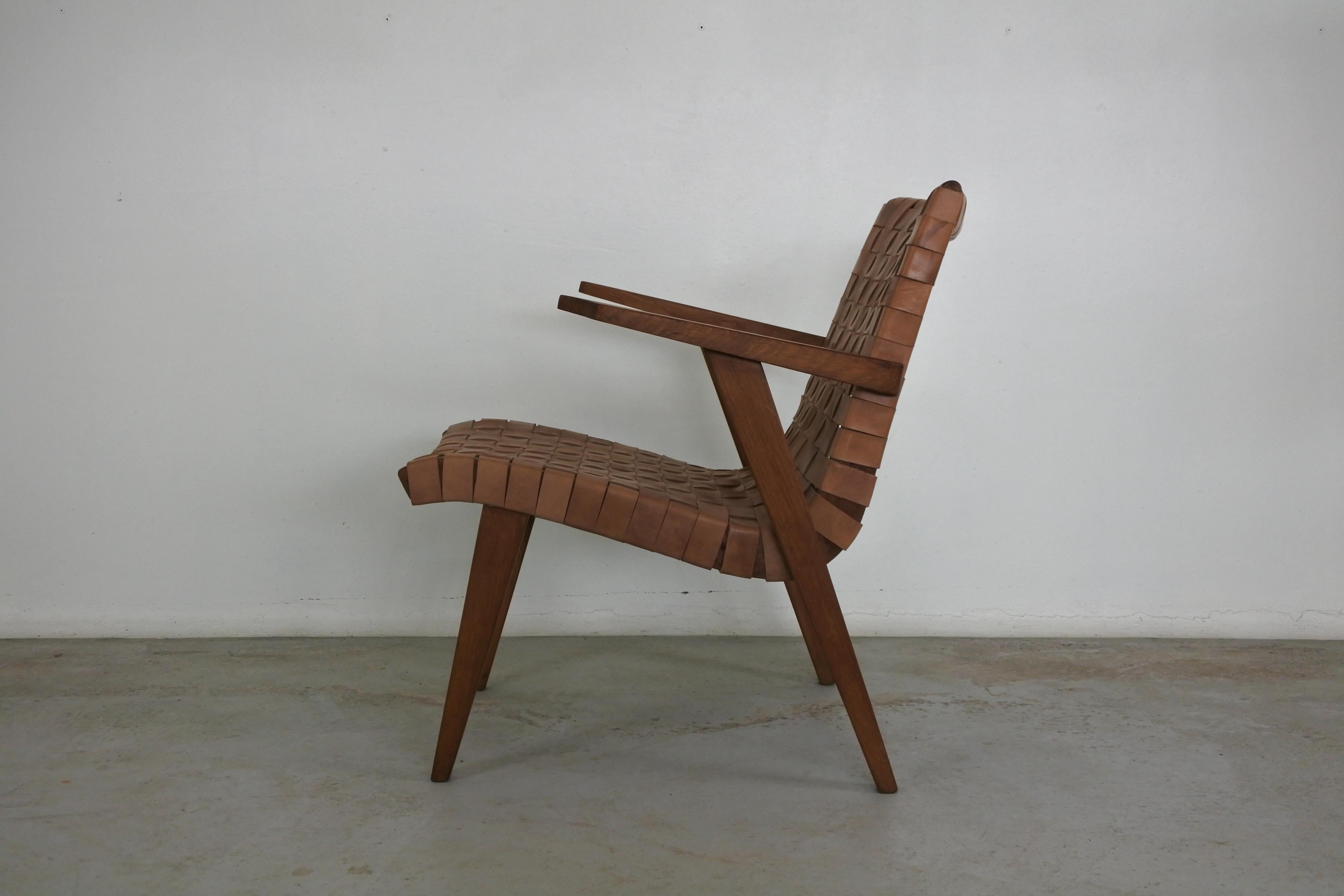 Set of Two Leather Webbed & Oak Lounge Chairs Attr. to Jens Risom & Knoll, 1950s 8