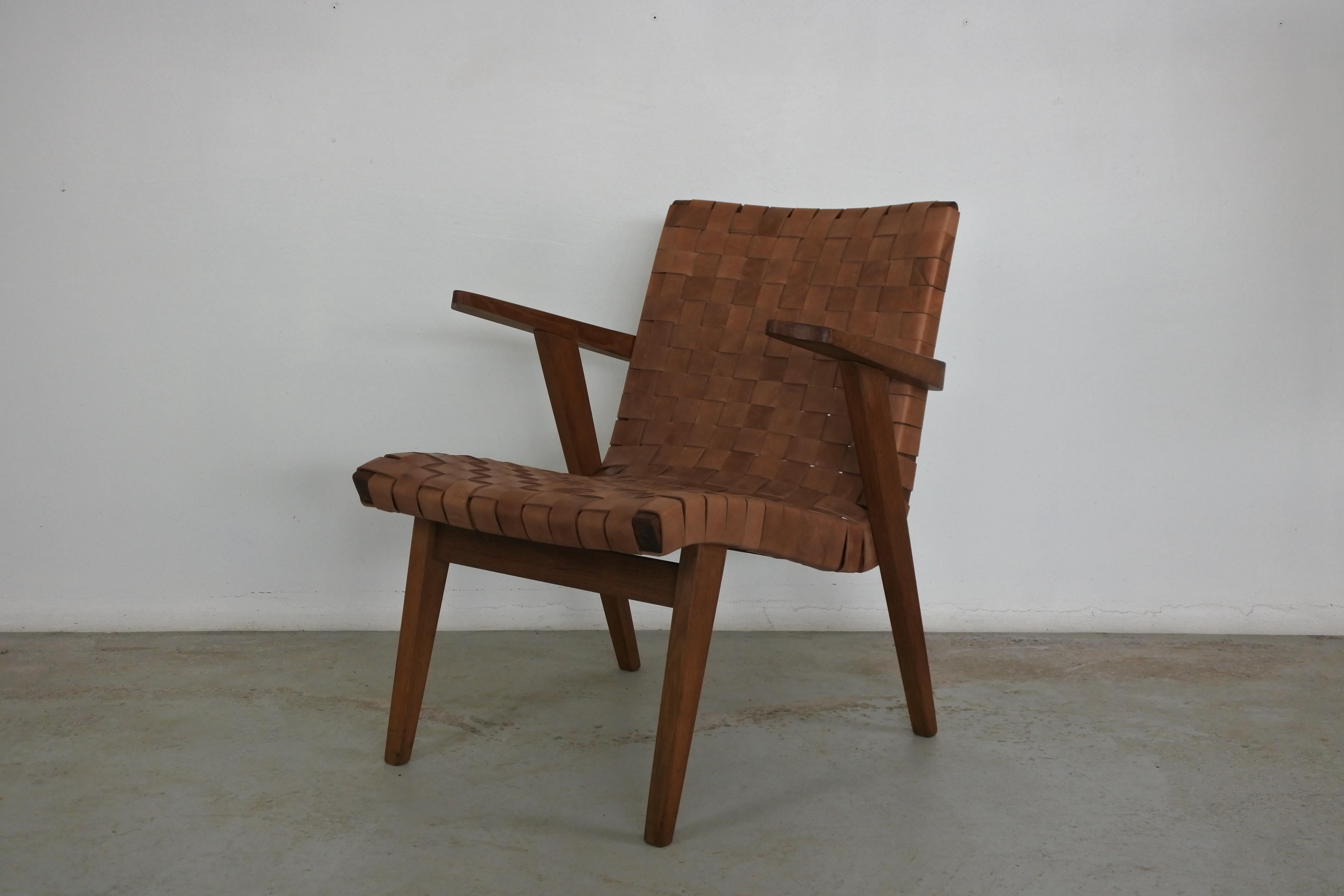 Set of Two Leather Webbed & Oak Lounge Chairs Attr. to Jens Risom & Knoll, 1950s 9