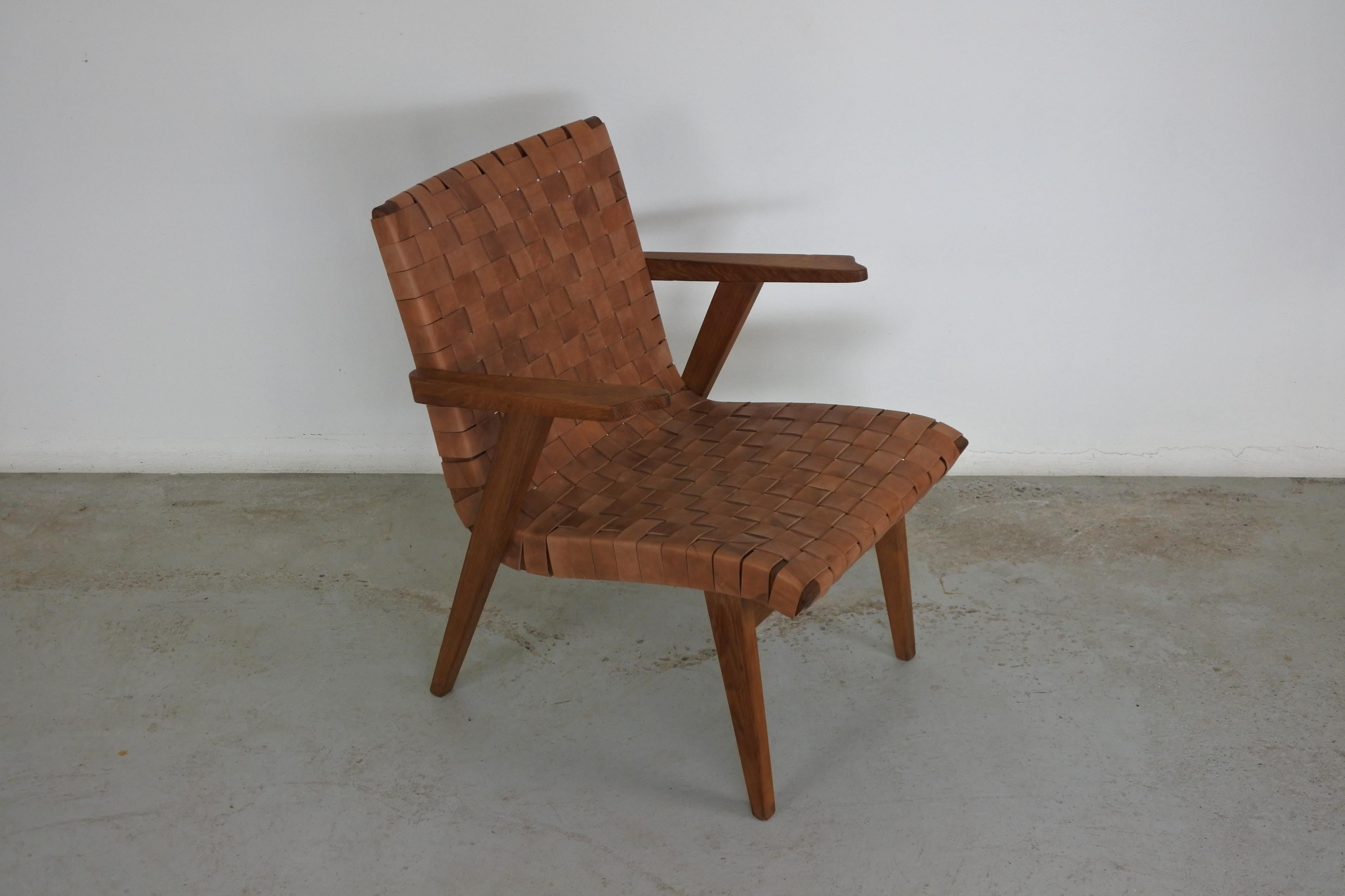 Set of Two Leather Webbed & Oak Lounge Chairs Attr. to Jens Risom & Knoll, 1950s 11