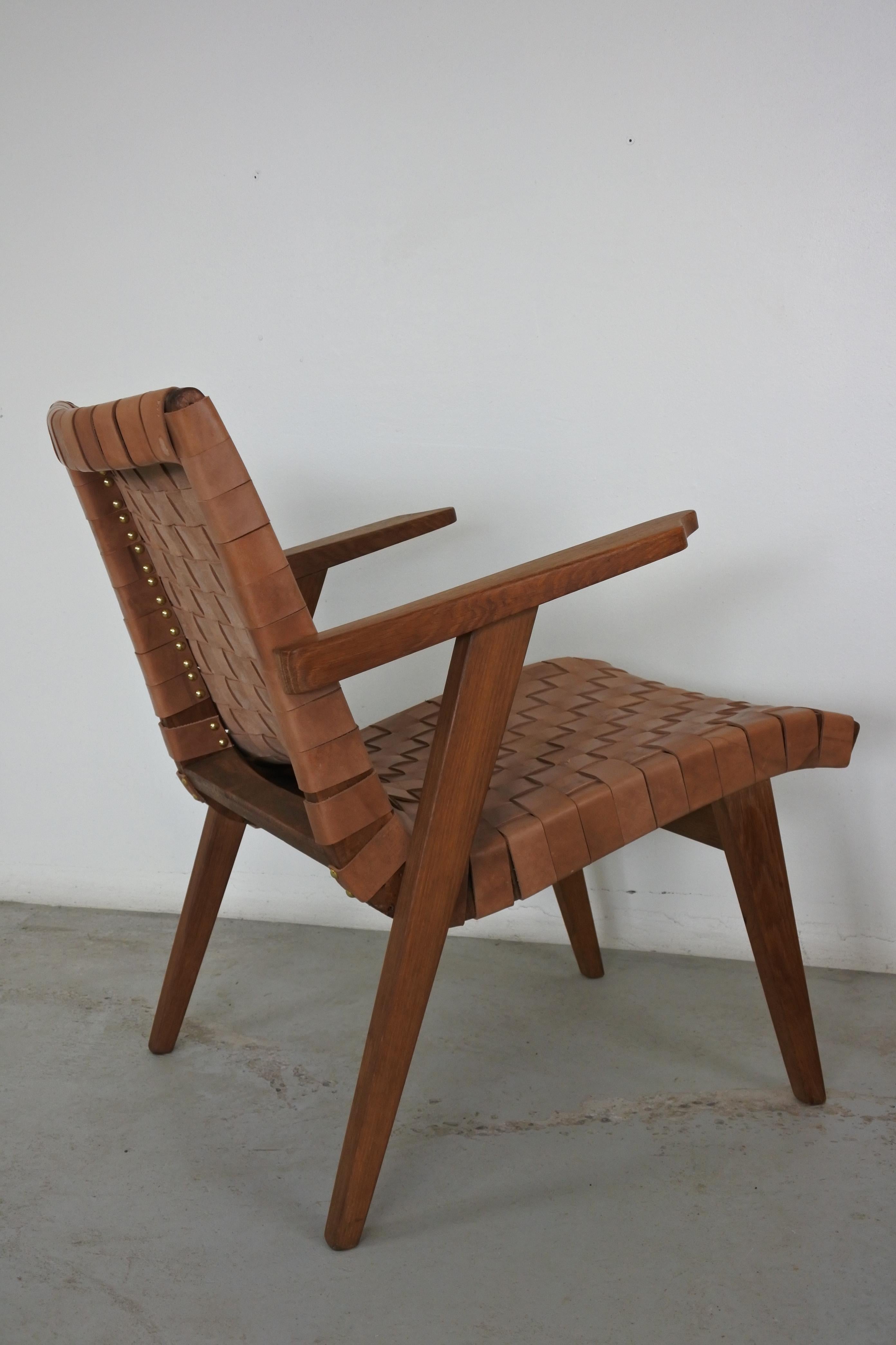 Set of Two Leather Webbed & Oak Lounge Chairs Attr. to Jens Risom & Knoll, 1950s 12