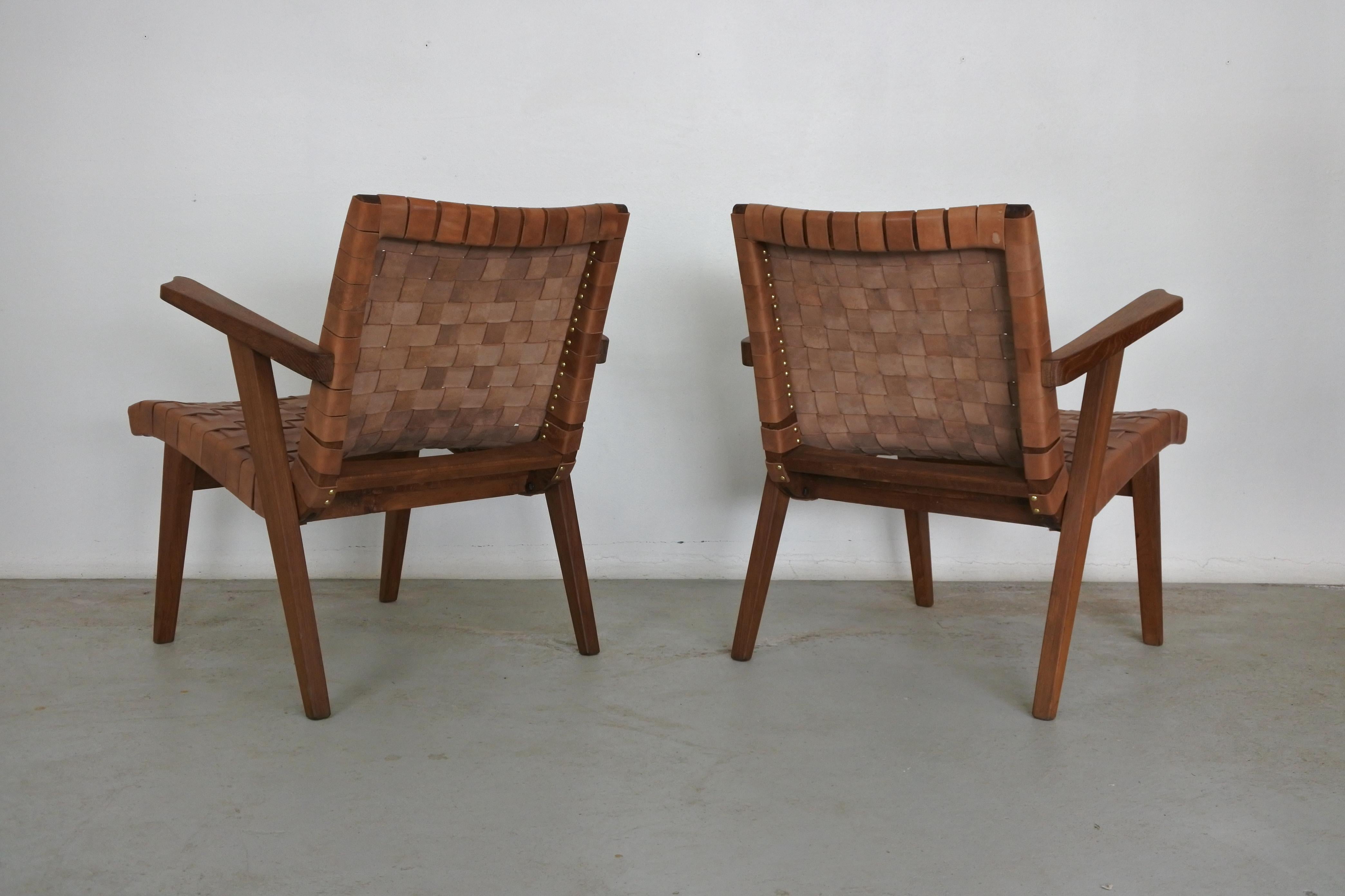 French Set of Two Leather Webbed & Oak Lounge Chairs Attr. to Jens Risom & Knoll, 1950s
