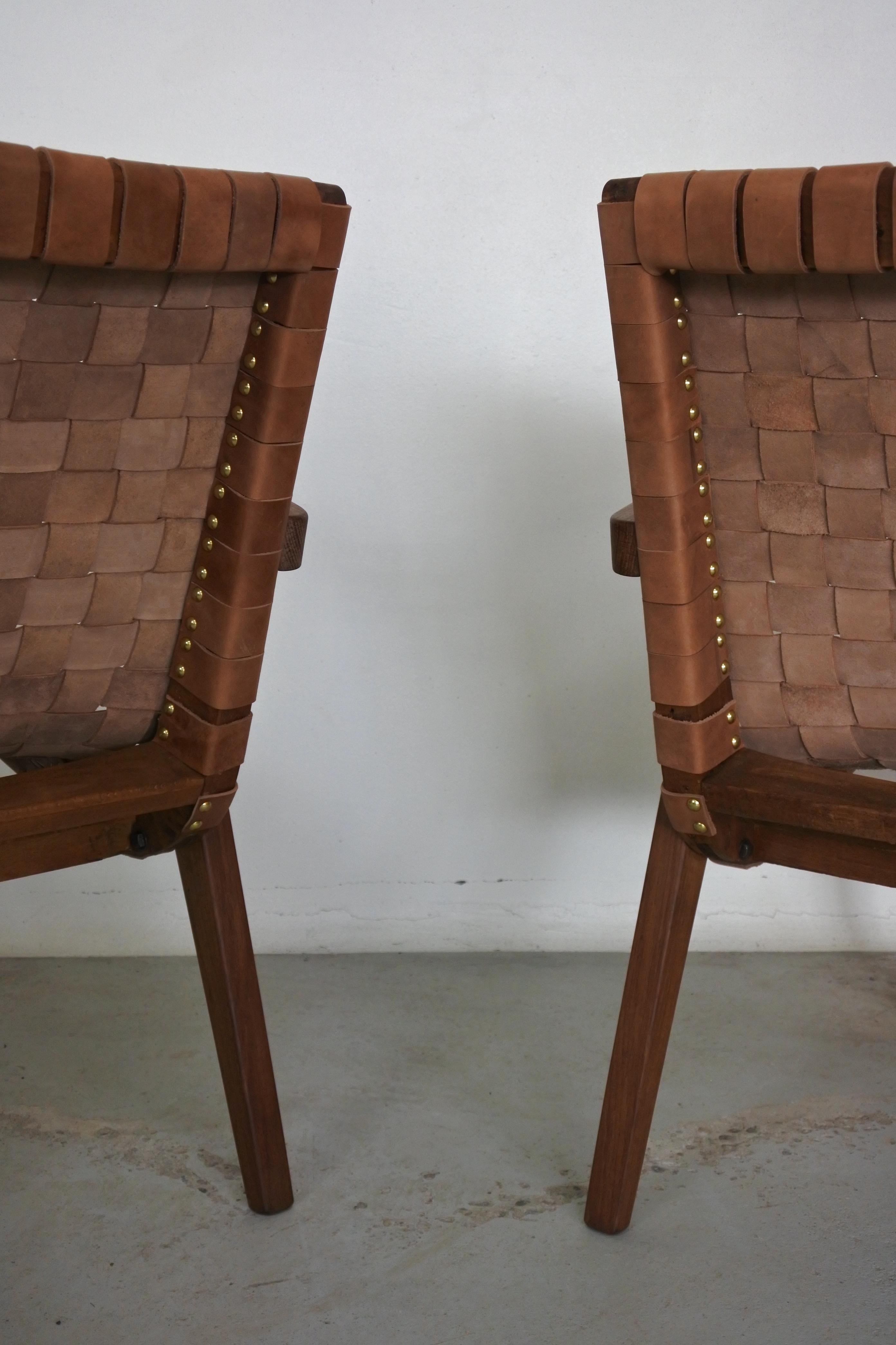 Set of Two Leather Webbed & Oak Lounge Chairs Attr. to Jens Risom & Knoll, 1950s In Good Condition In La Teste De Buch, FR