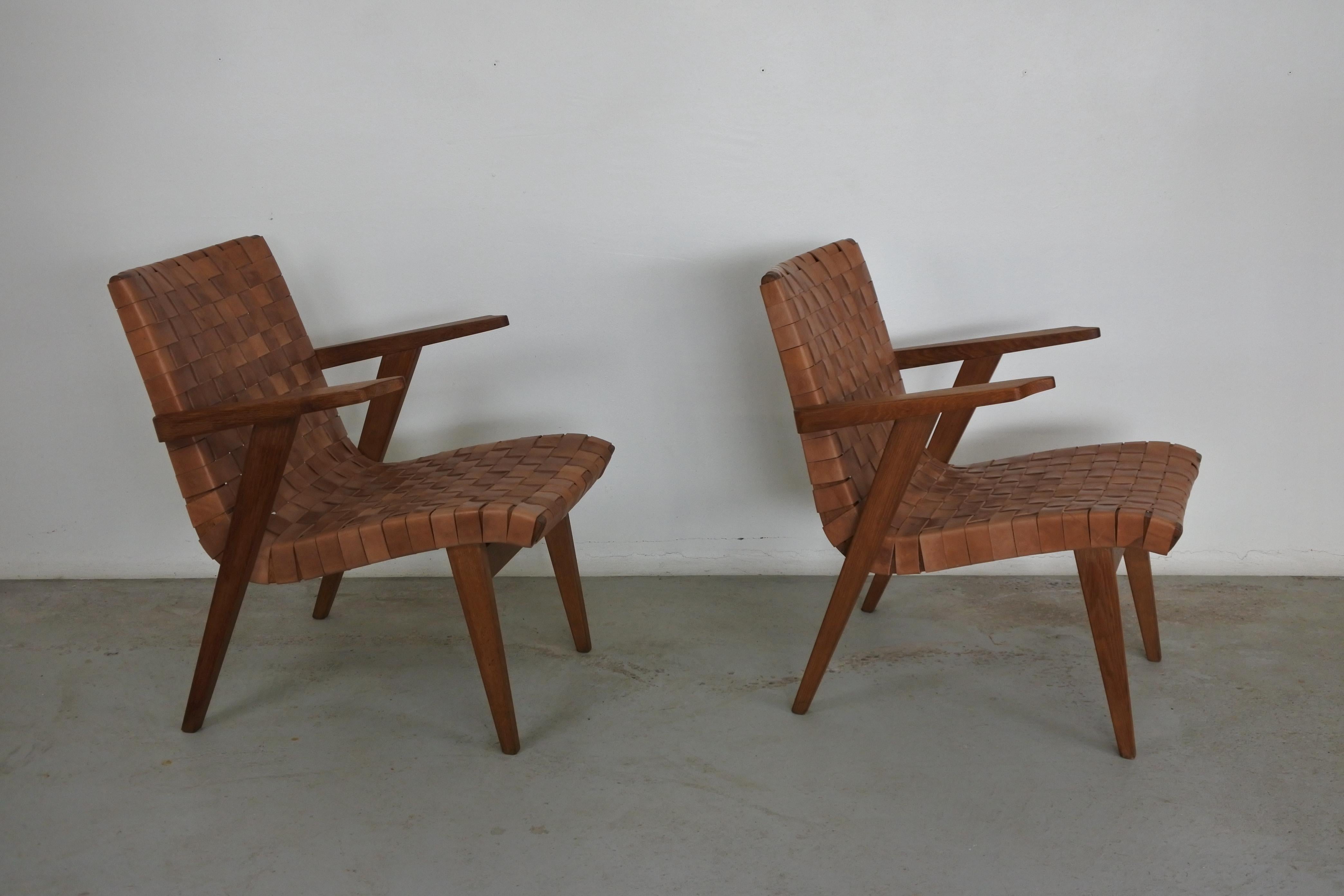 Set of Two Leather Webbed & Oak Lounge Chairs Attr. to Jens Risom & Knoll, 1950s 1