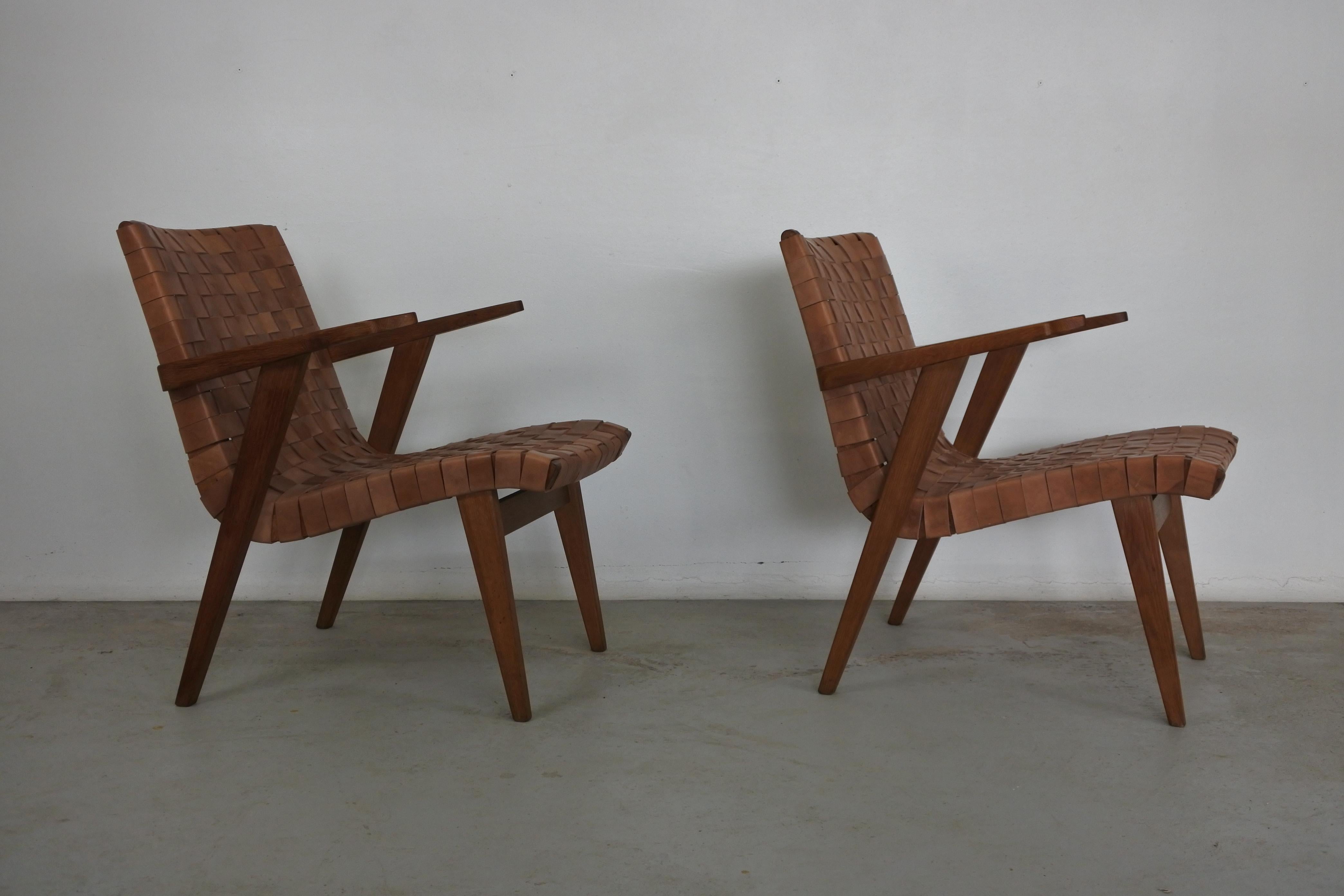 Set of Two Leather Webbed & Oak Lounge Chairs Attr. to Jens Risom & Knoll, 1950s 2