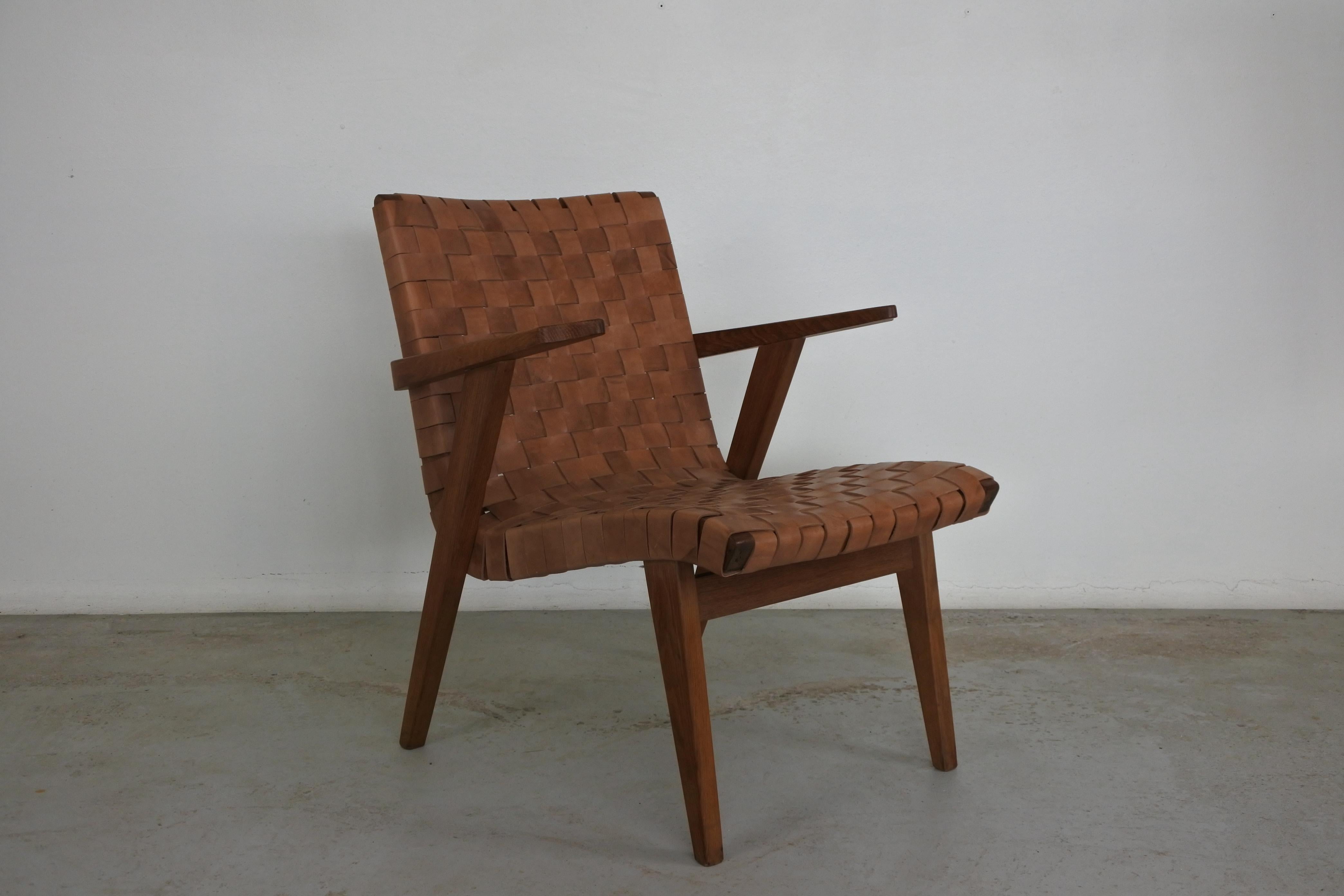 Set of Two Leather Webbed & Oak Lounge Chairs Attr. to Jens Risom & Knoll, 1950s 3