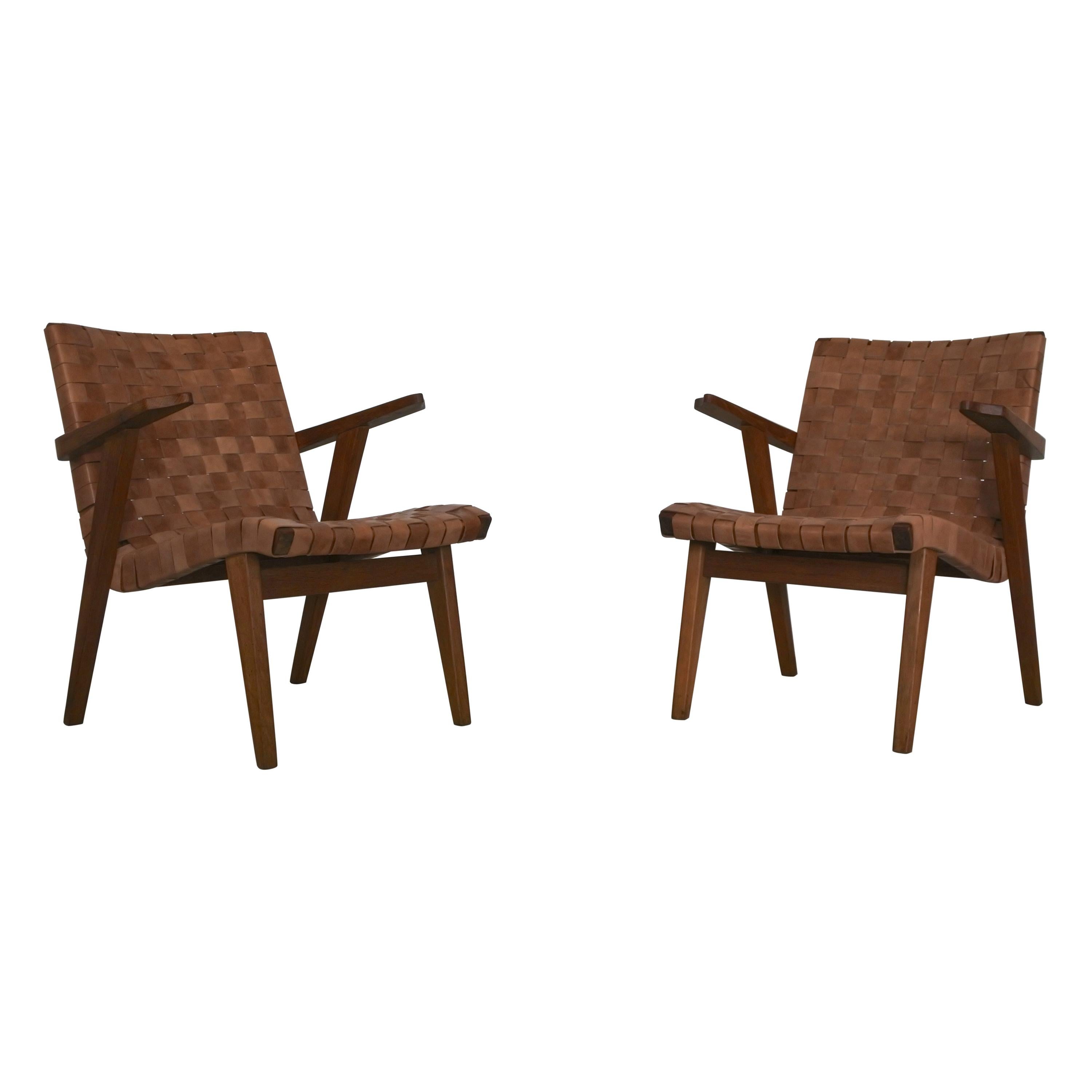Set of Two Leather Webbed & Oak Lounge Chairs Attr. to Jens Risom & Knoll, 1950s