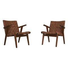 Set of Two Leather Webbed & Oak Lounge Chairs Attr. to Jens Risom & Knoll, 1950s