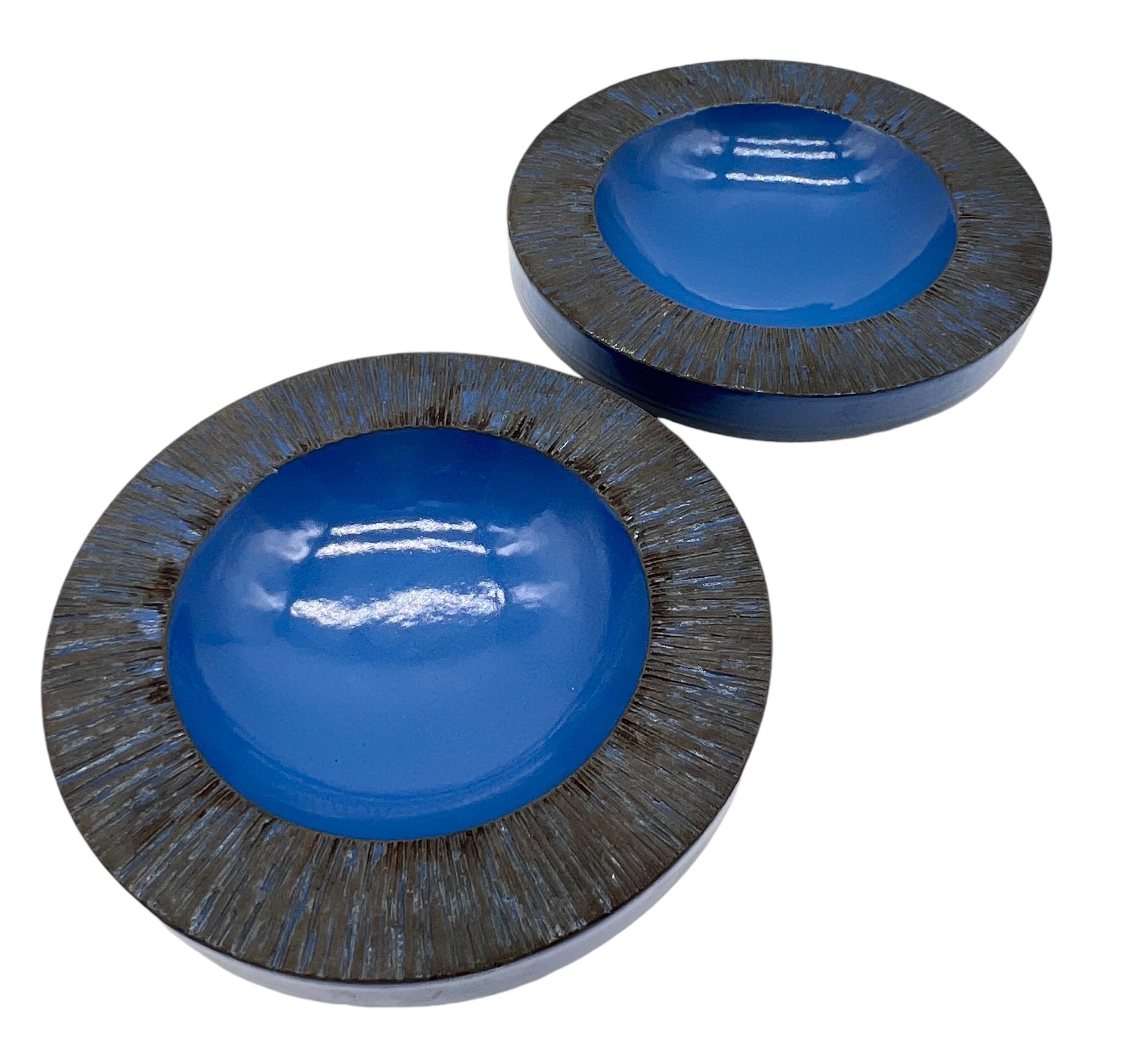 Pair Mid Century Cerulean Blue Brutalist Bowls by Lee Rosen for Design Technics. Overall excellent vintage condition with age appropriate wear. No chips, cracks, or repairs. 

Each Measure approximately 9