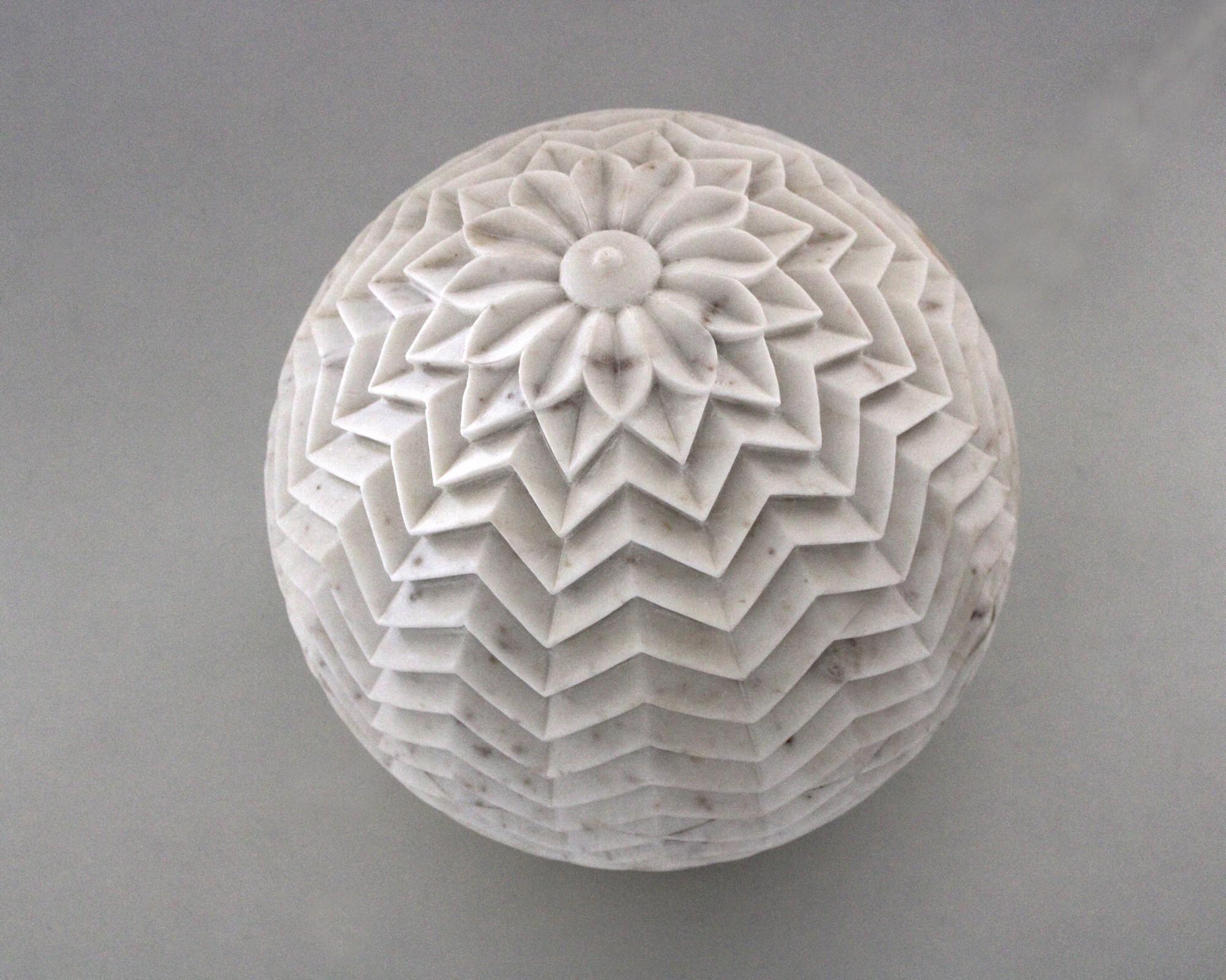 Indian Set of Two Lehariya Cone Globes in White Marble Handcrafted in India For Sale