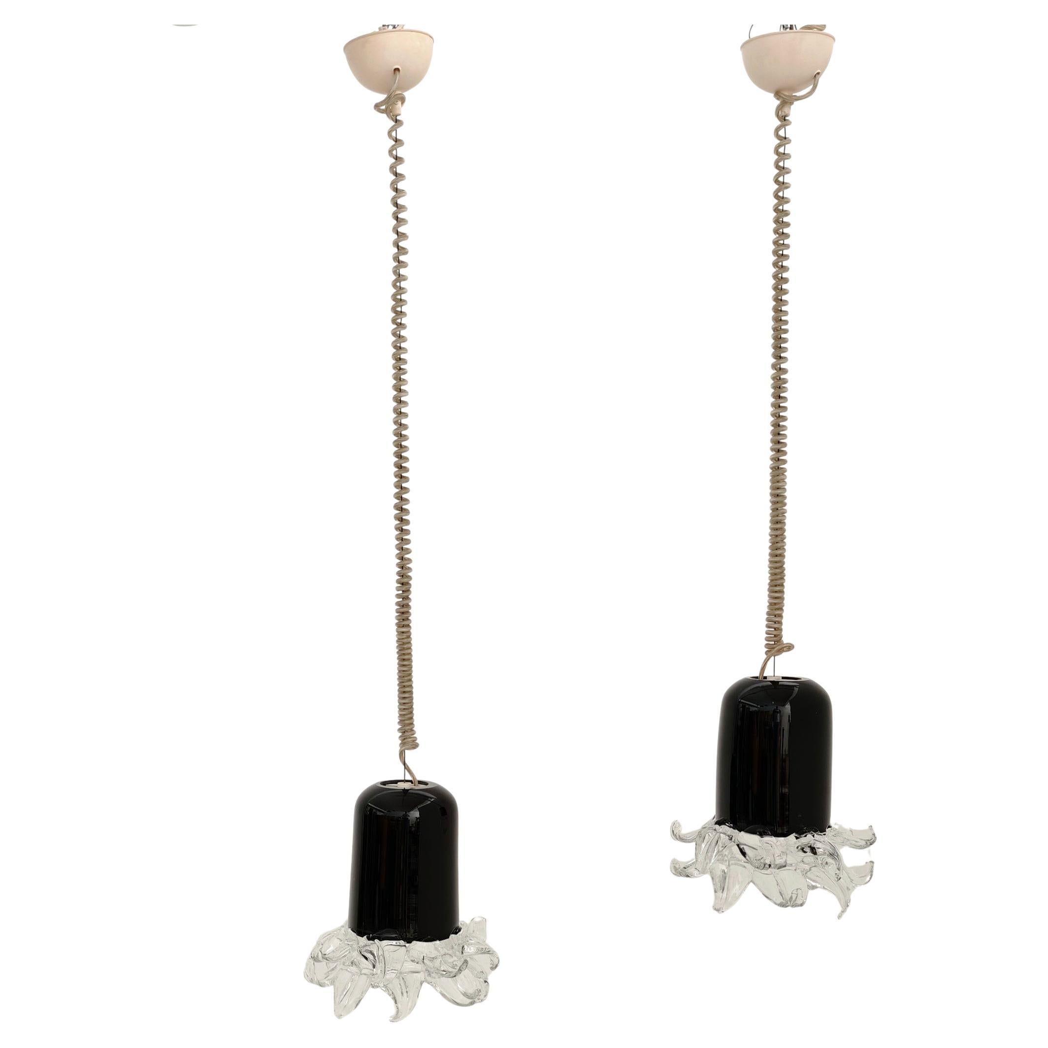 Set di due lampade a sospensione in vetro di Murano Leucos Design Italia anni '70 Mid-Century Modern