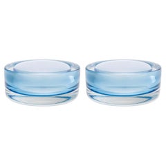 Set of Two Light Blue Hand-Blown Glass Bowls