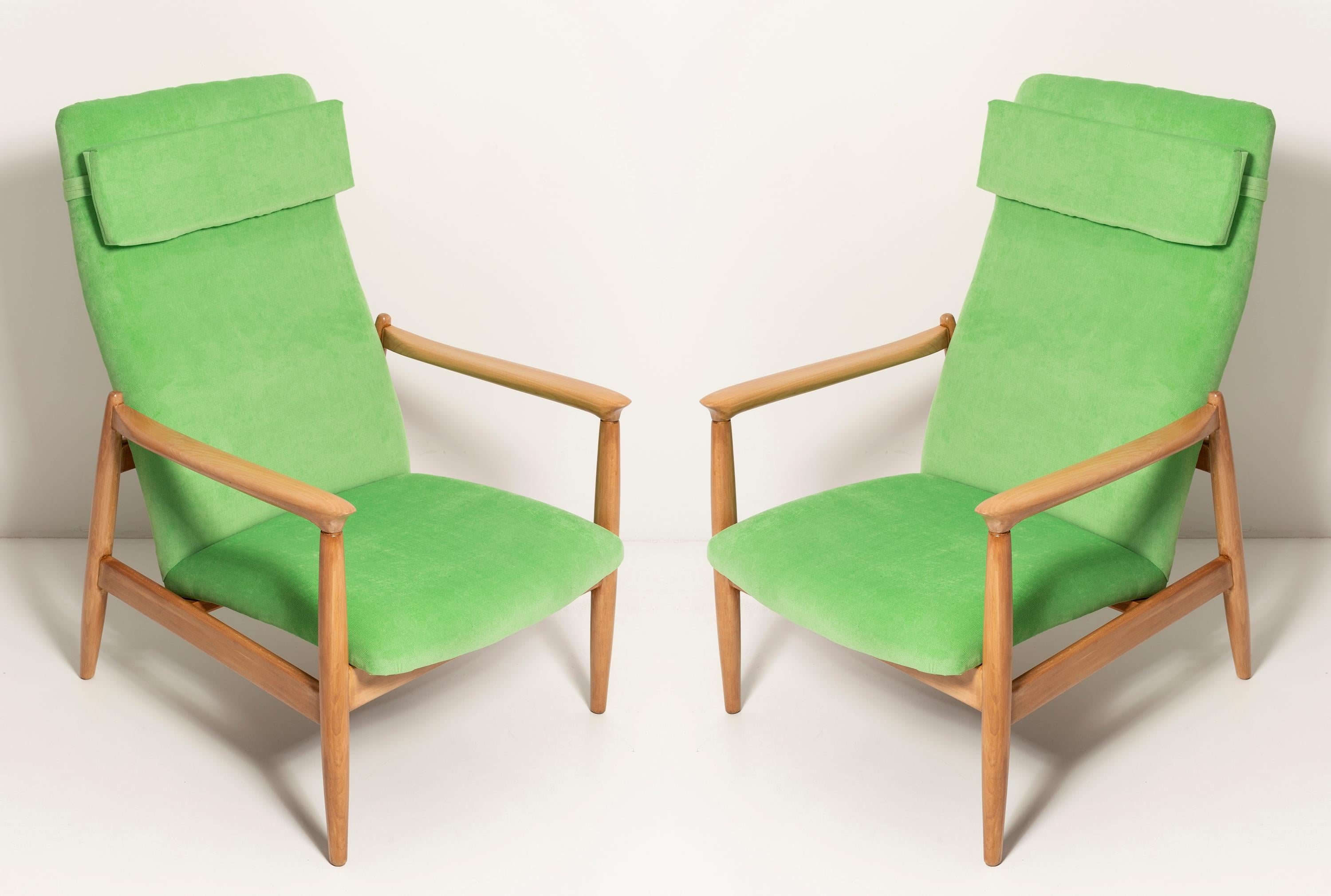 A pair of light lime green velvet armchairs (color number 50), designed by Edmund Homa, a Polish architect, designer of Industrial Design and interior architecture, professor at the Academy of Fine Arts in Gdansk.

The armchairs were made in the