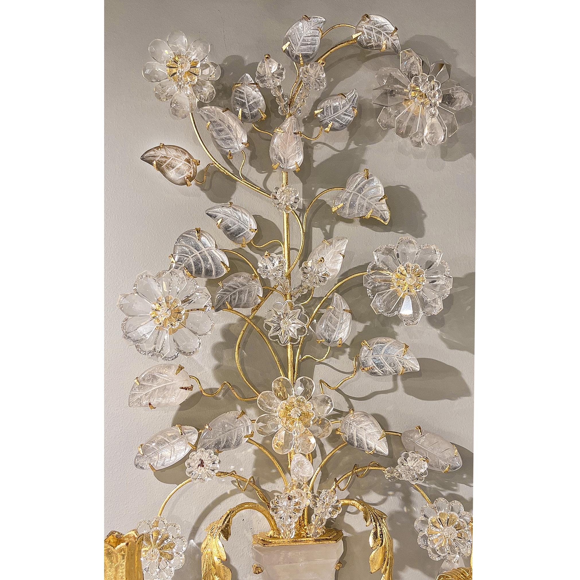 Rococo Set of Two Light Rock Crystal Bouquet Sconces For Sale