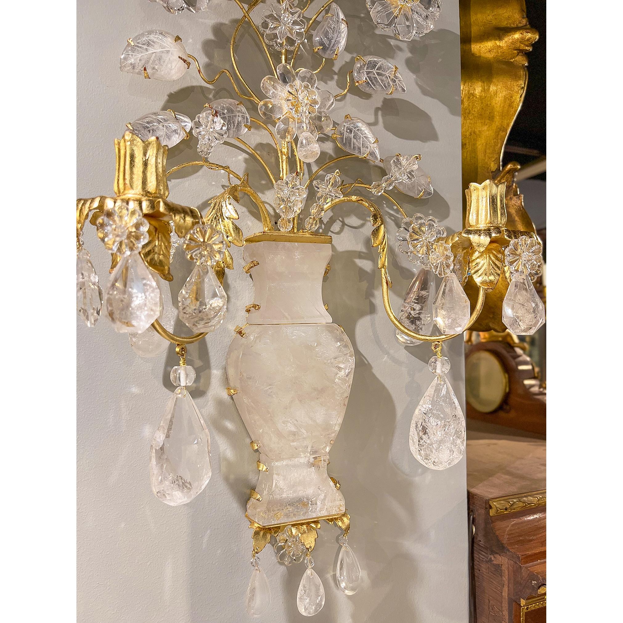 Central American Set of Two Light Rock Crystal Bouquet Sconces For Sale