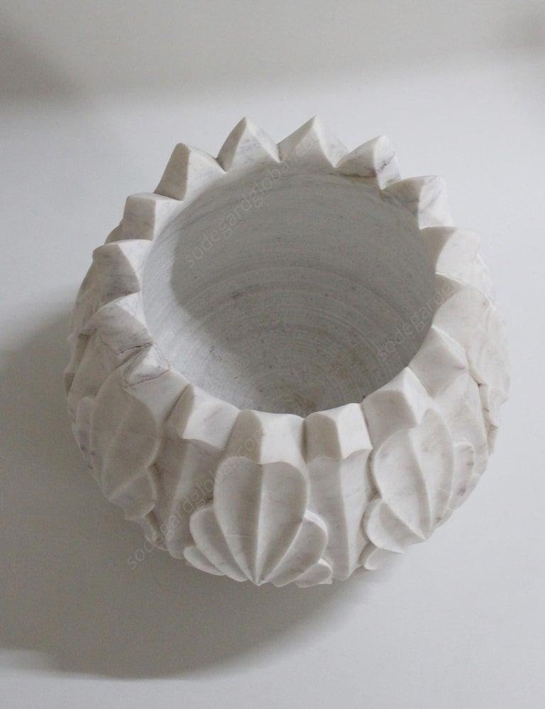 Indian Set of Two Lotus Pots in White Marble Handcrafted in India by Stephanie Odegard For Sale