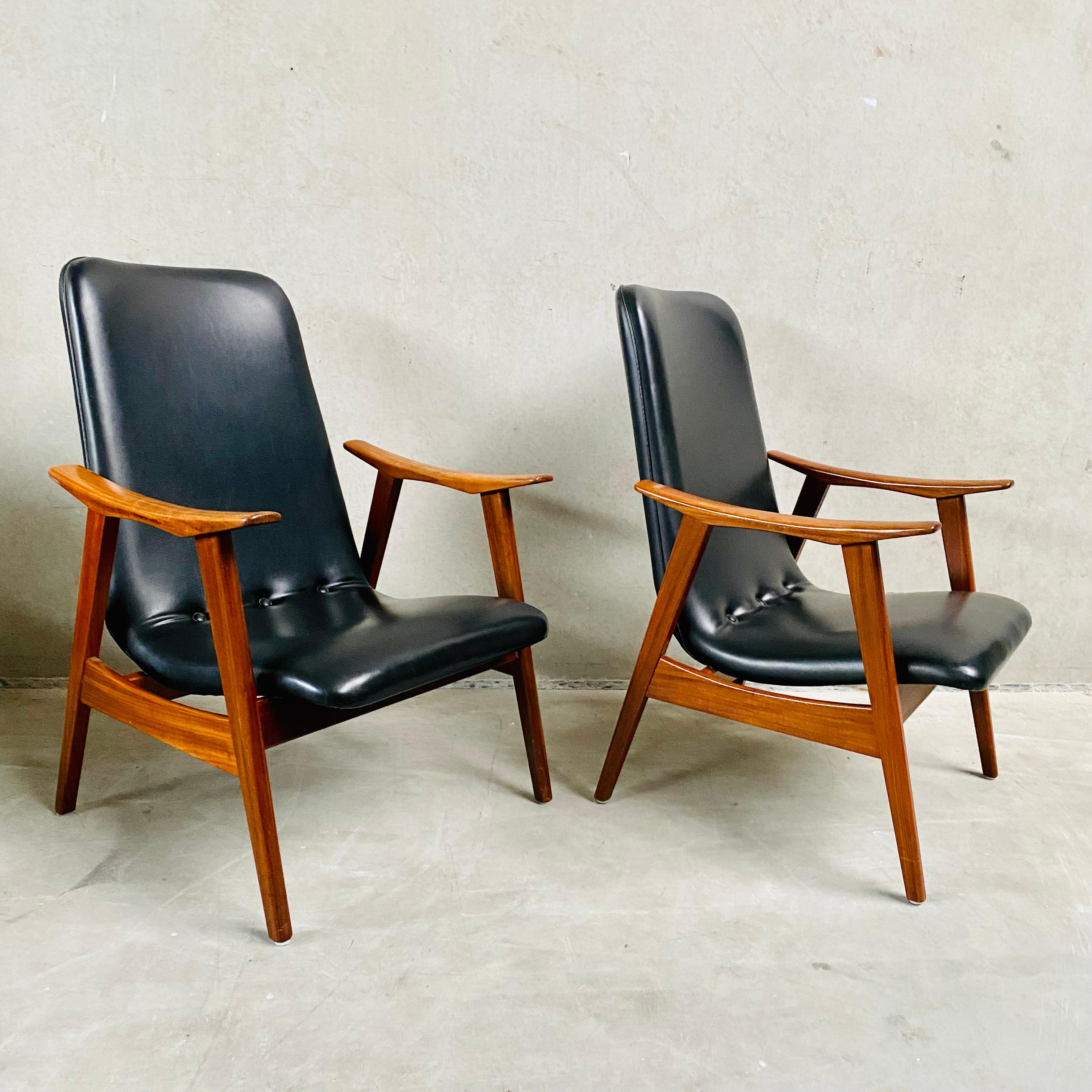 Teak lounge chairs with skai leather upholstery.
High back model, designed by Louis Van Teeffelen for Webe.

Louis Van Teeffelen was the most important designer at Wébé. His work was often influenced by Danish Mid-Century Modern. Like Danish
