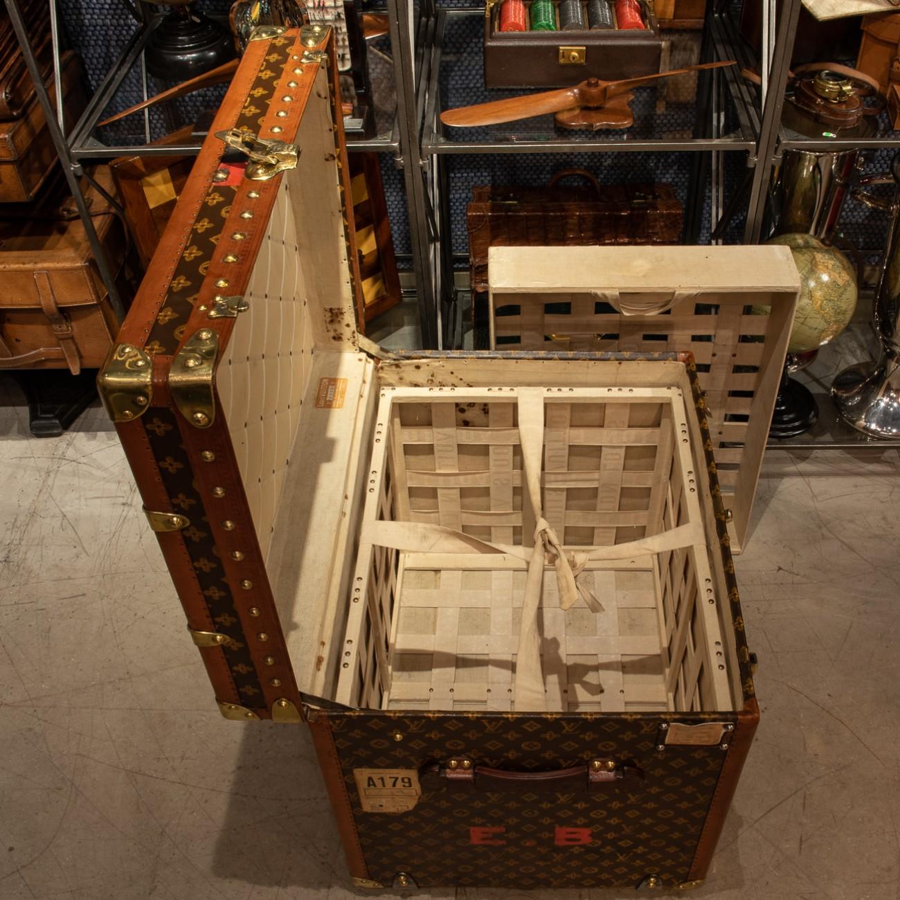 Brass Set of Two Louis Vuitton LV Monogram Pattern Trunks, circa 1915