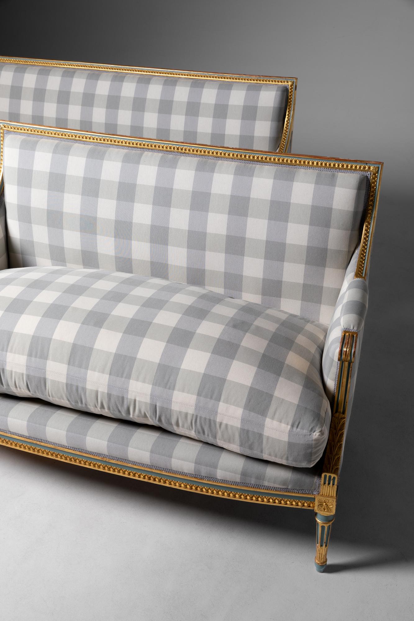 French Set of two Louis XVI style Canapes in Wood, with Vichy. By JEAN MOCQUÉ