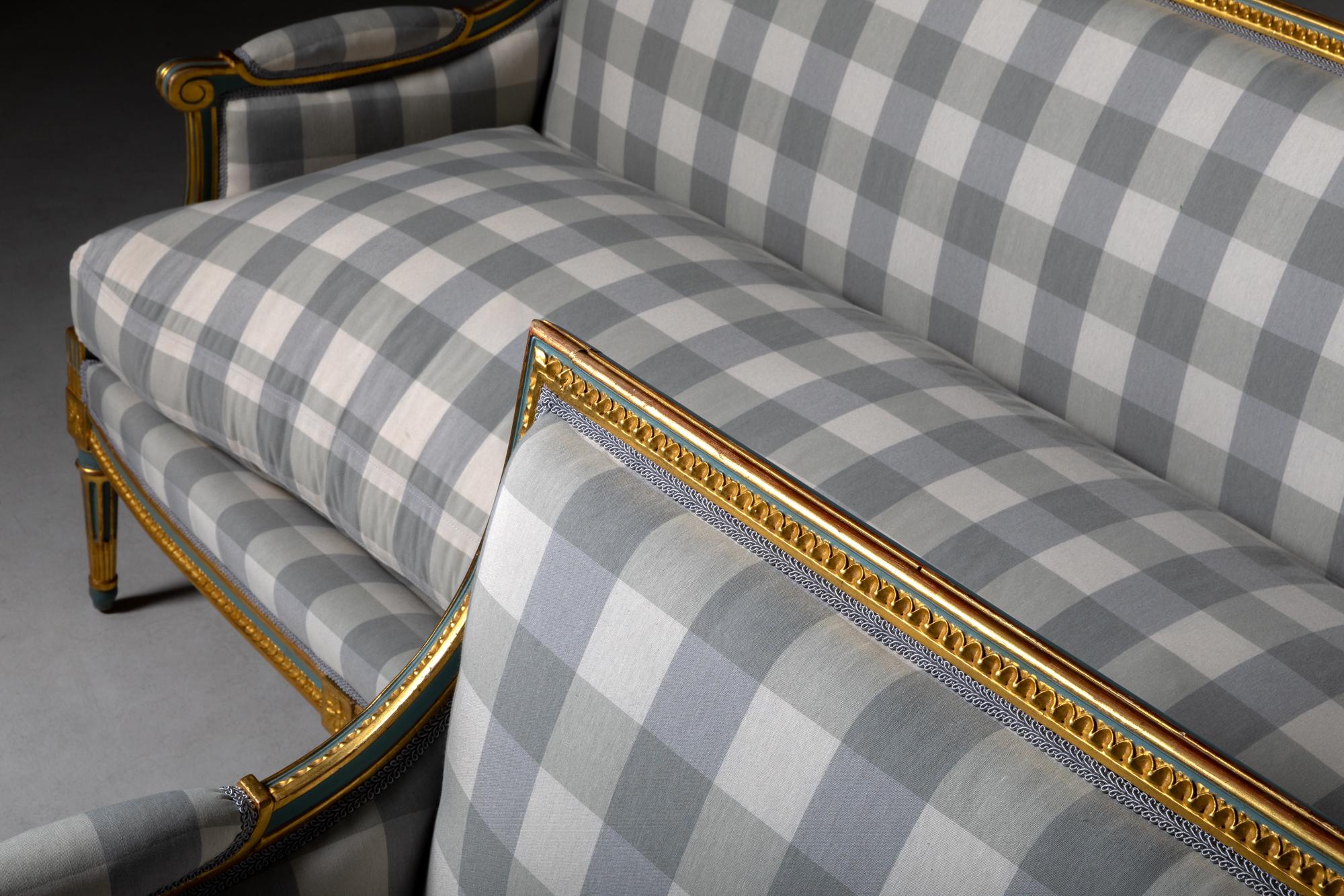 20th Century Set of two Louis XVI style Canapes in Wood, with Vichy. By JEAN MOCQUÉ