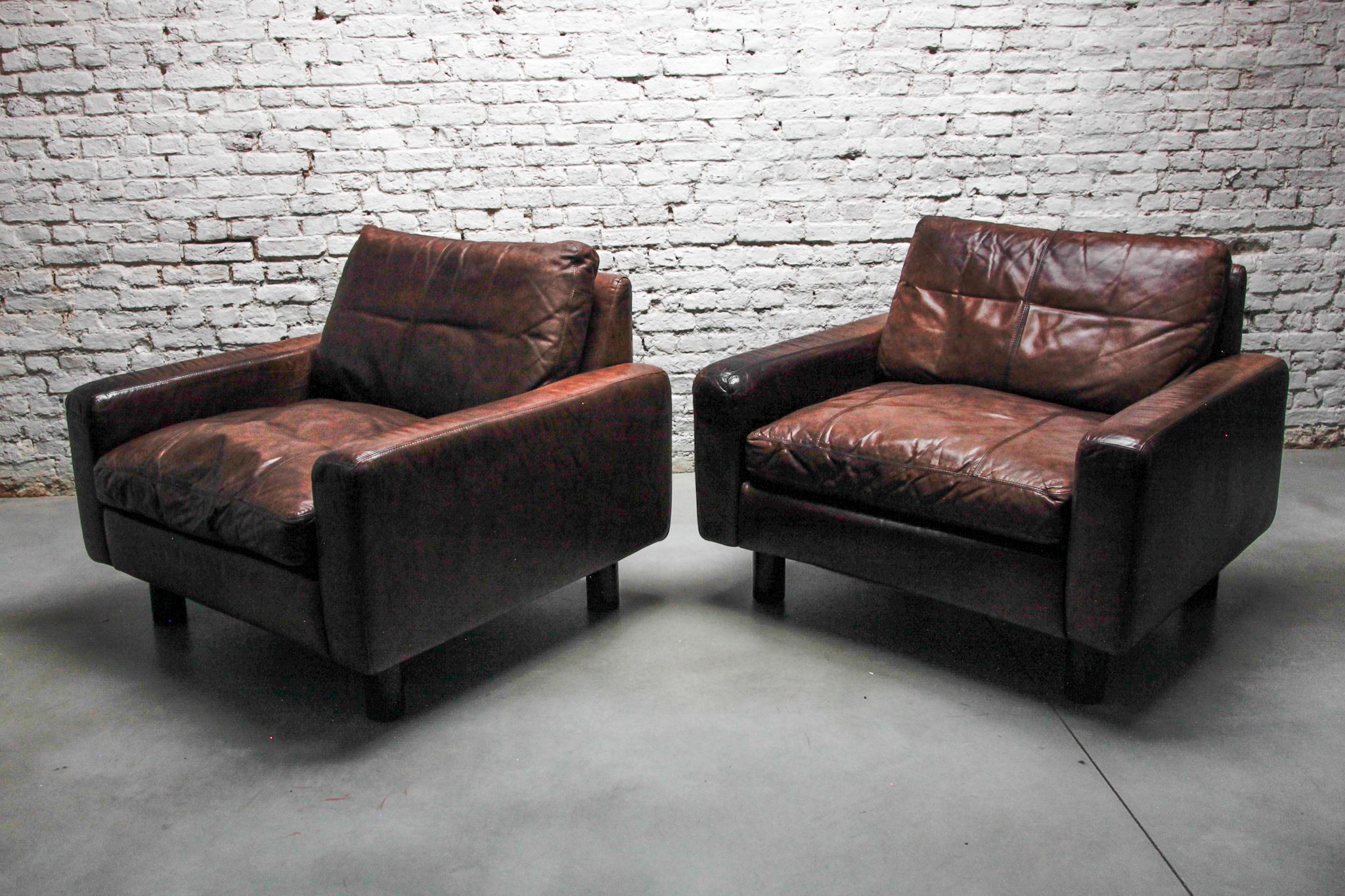 Mid-Century Modern Set of Two Lounge Arm Chairs, Brown Leather designed by COR, 1970s, Germany