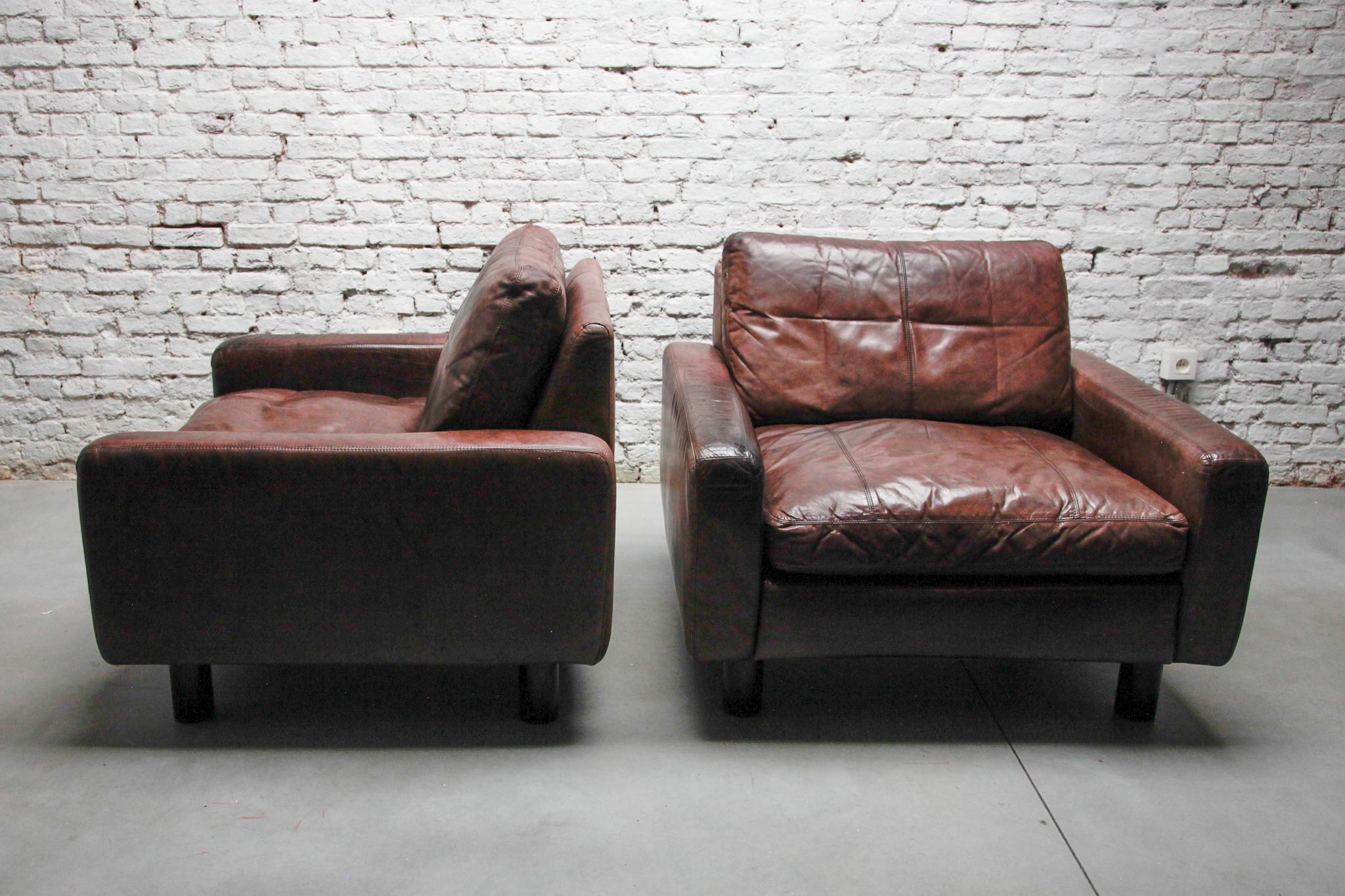 Hand-Crafted Set of Two Lounge Arm Chairs, Brown Leather designed by COR, 1970s, Germany