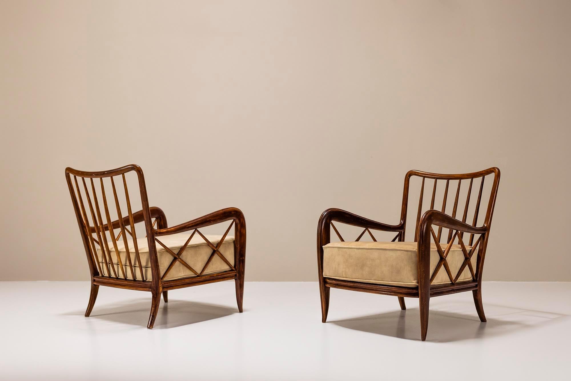 Italian Set of Two Lounge Chairs attr. to Paolo Buffa in Stained Maple Wood and Velvet