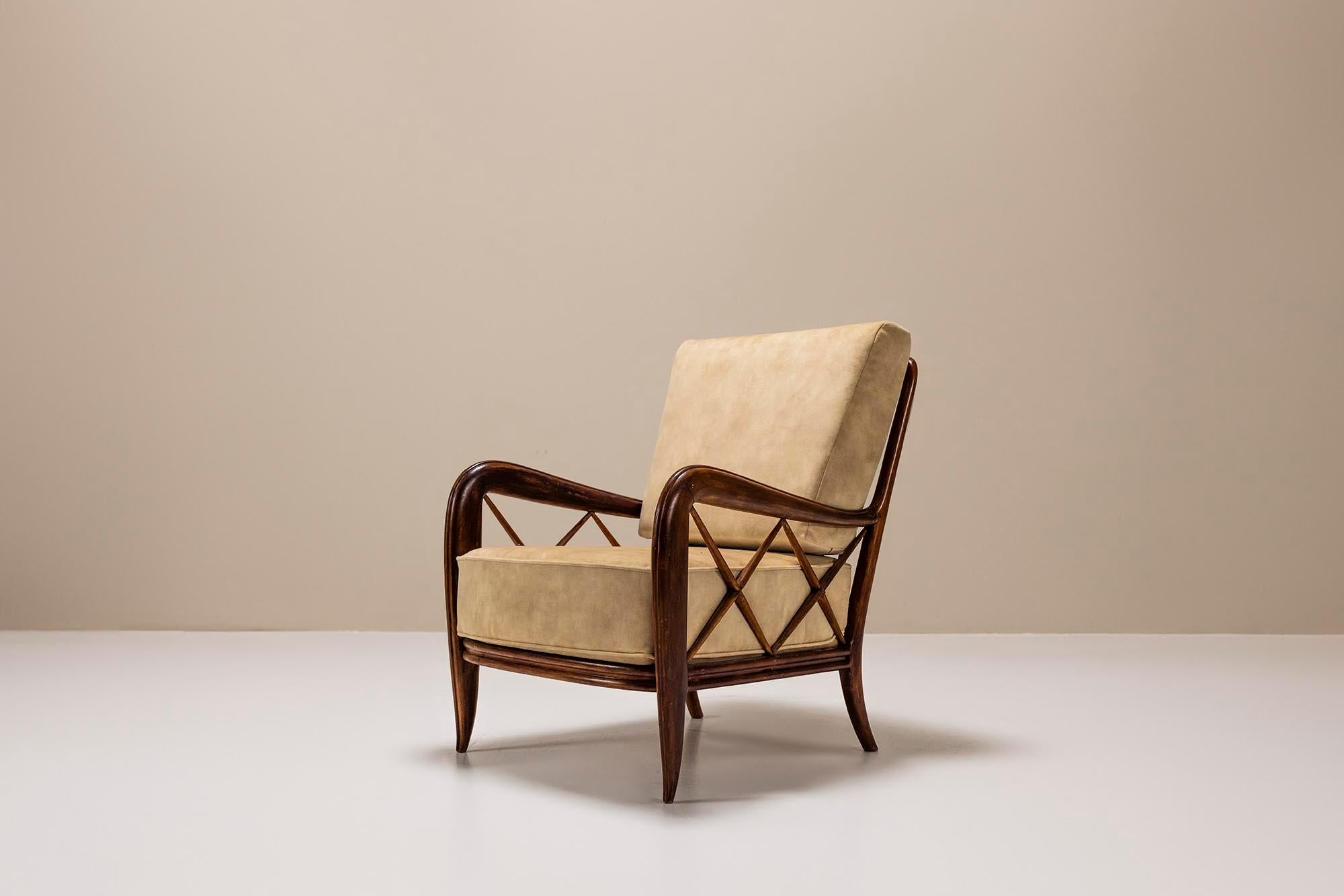 Set of Two Lounge Chairs attr. to Paolo Buffa in Stained Maple Wood and Velvet In Good Condition In Hellouw, NL