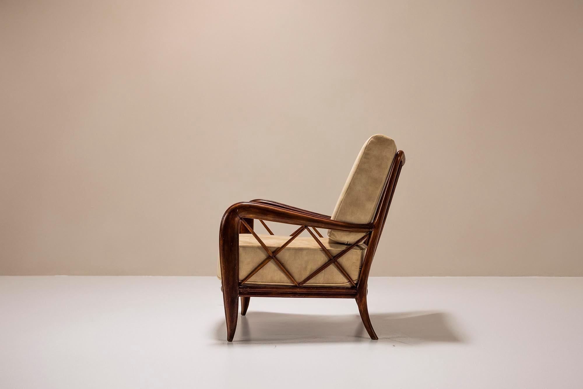 Mid-20th Century Set of Two Lounge Chairs attr. to Paolo Buffa in Stained Maple Wood and Velvet