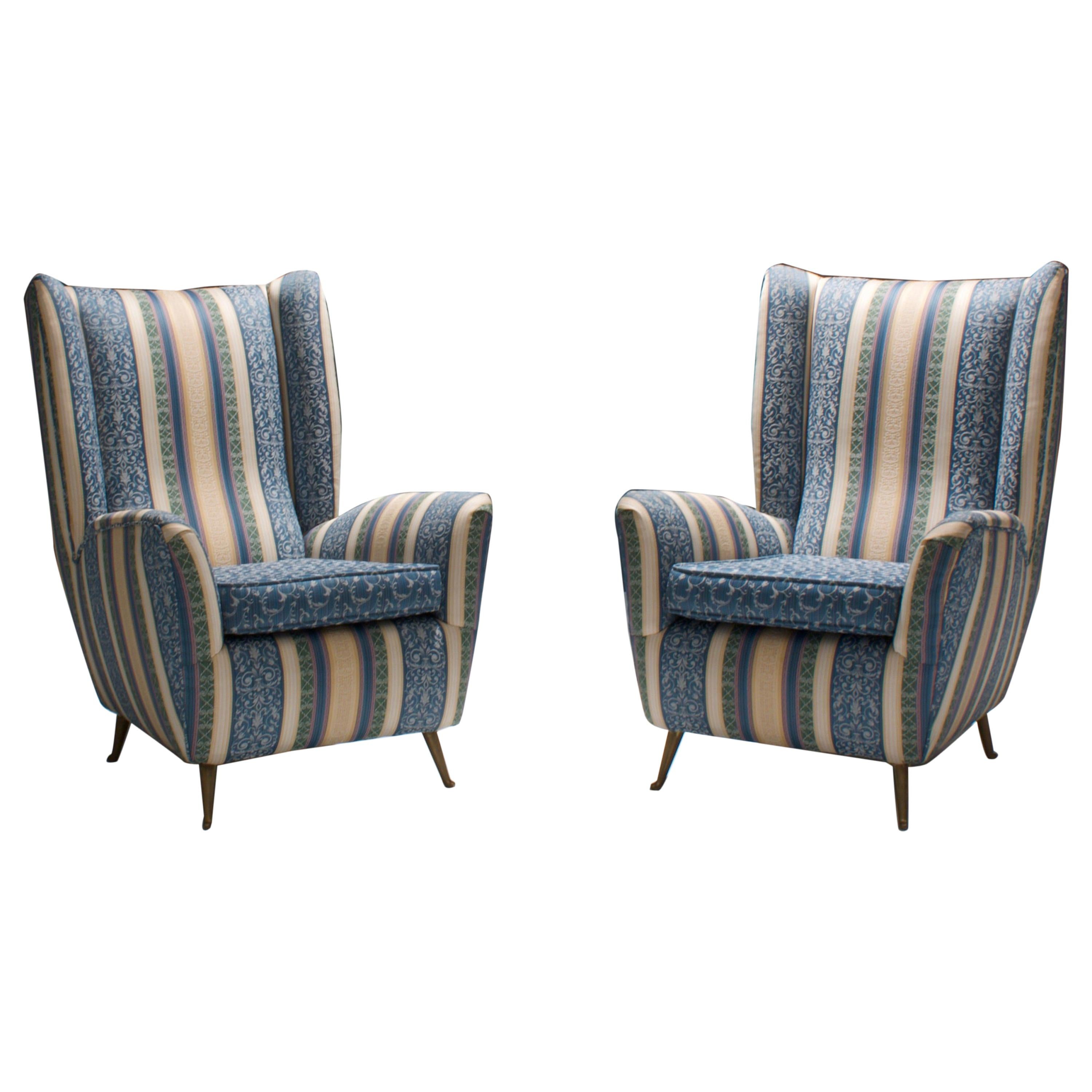 Set of Two Lounge Chairs by I.S.A. in Silk Upholstery and Brass, Italy, 1950s