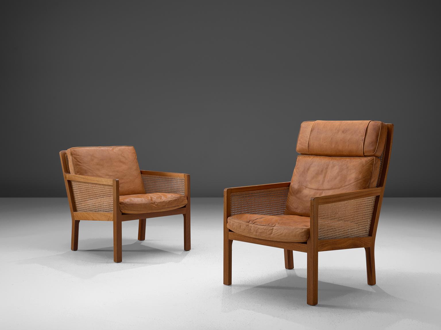 Scandinavian Modern Set of Two Lounge Chairs in Mahogany and Cognac Leather
