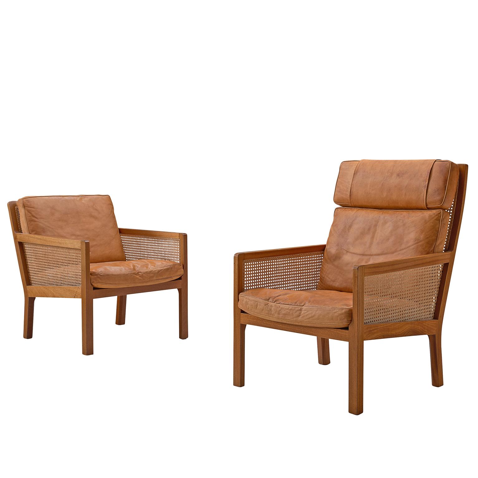 Set of Two Lounge Chairs in Mahogany and Cognac Leather