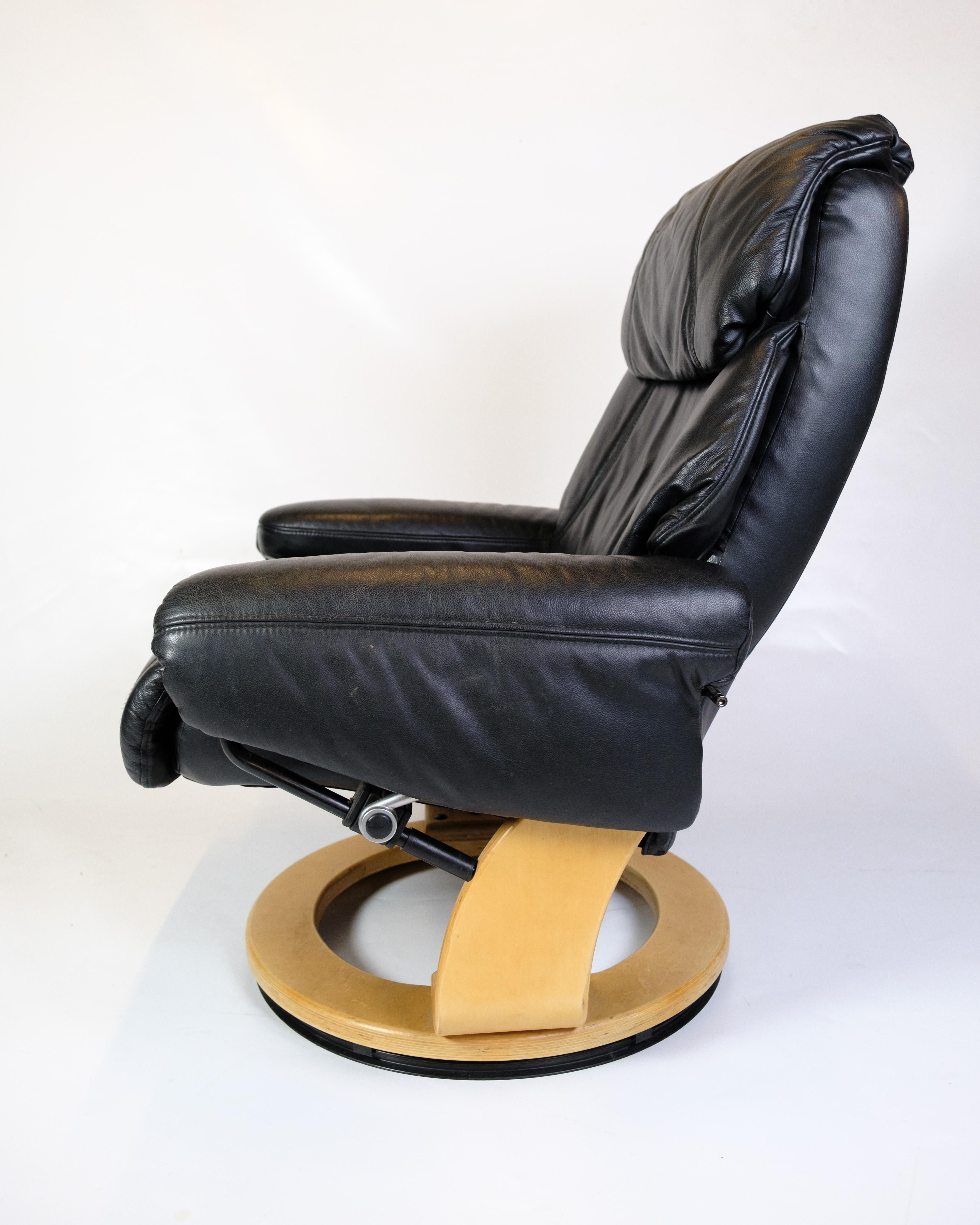 Leather Set Of Two Lounge Chairs With Footstools, Scandinavian Design From 1980s For Sale