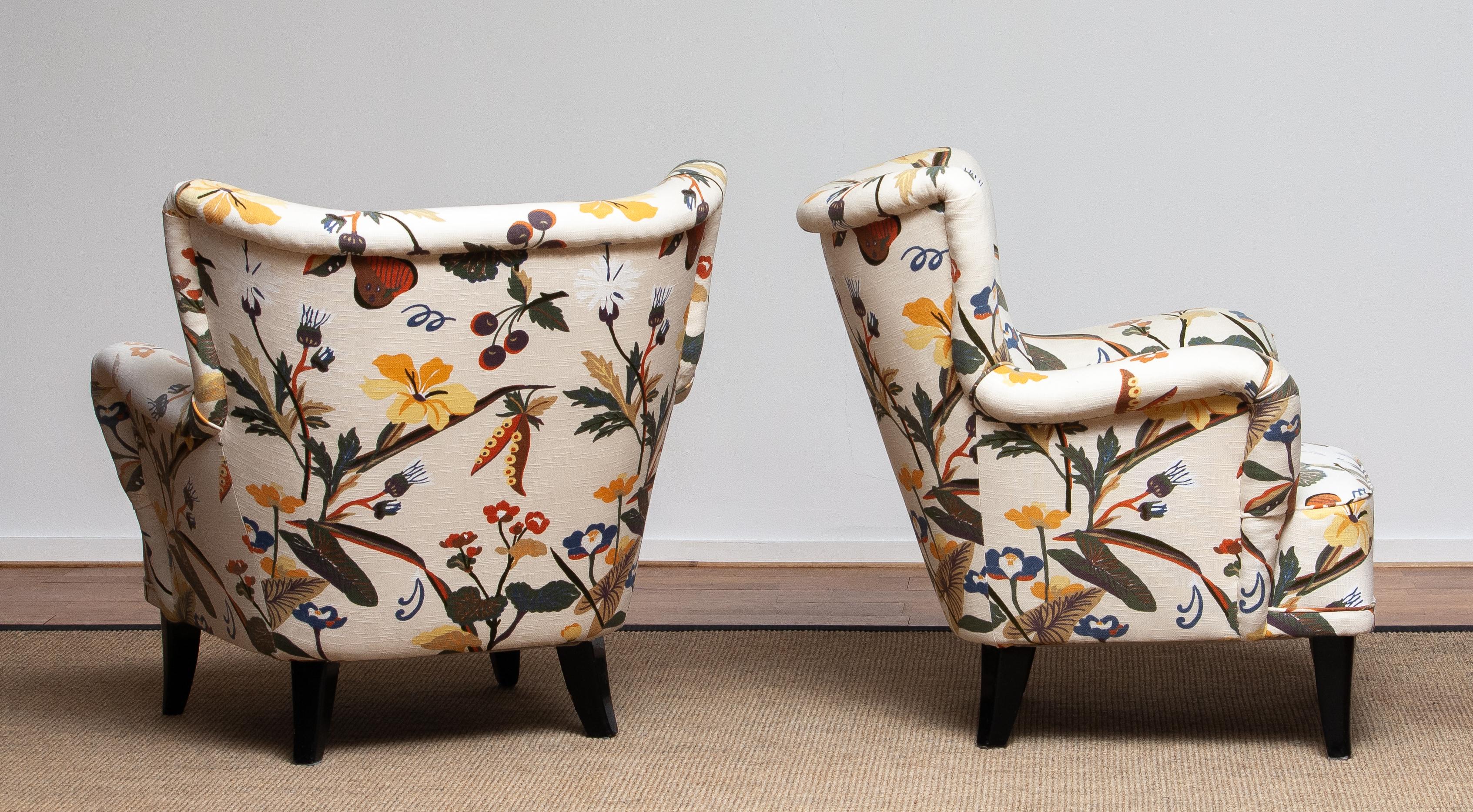 Pair Lounge / Easy Chairs by Ilmari Lappalainen For Asko with Josef Frank Fabric 4