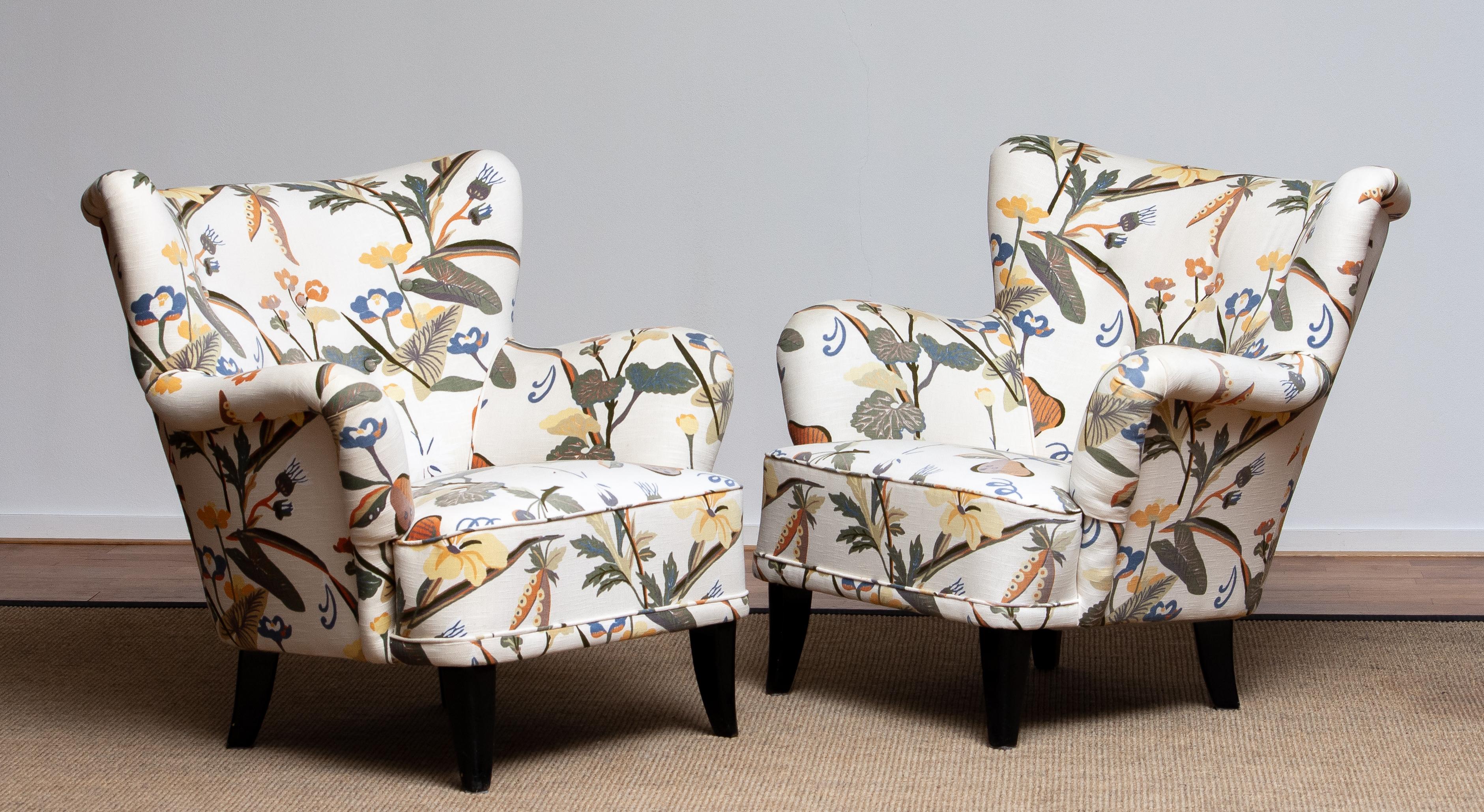 Finnish Pair Lounge / Easy Chairs by Ilmari Lappalainen For Asko with Josef Frank Fabric