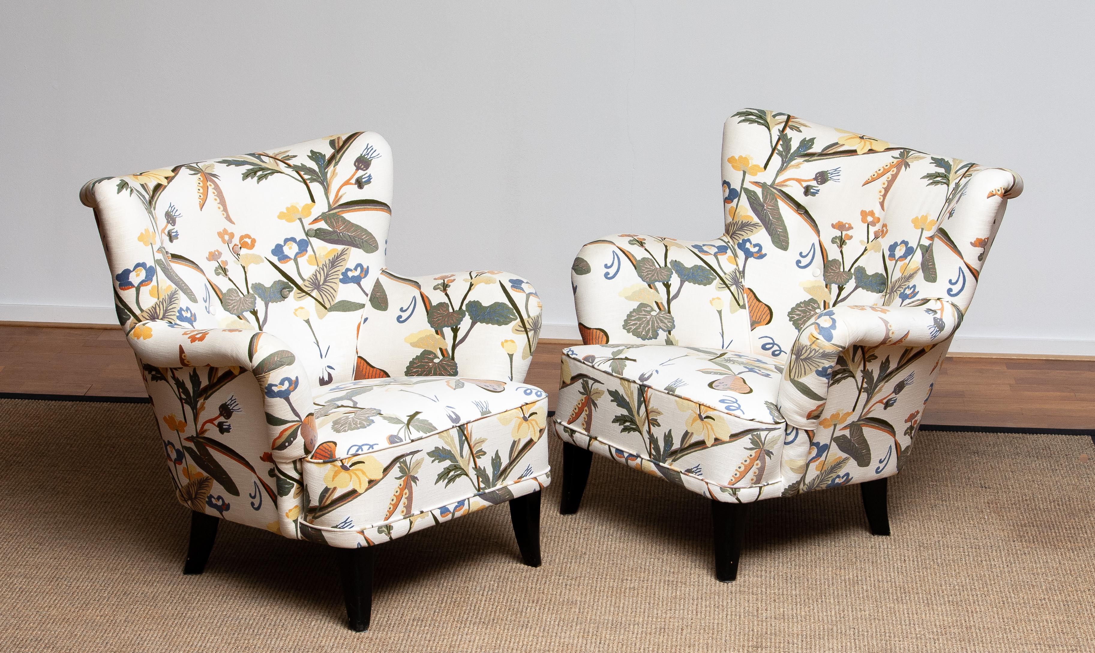 Pair Lounge / Easy Chairs by Ilmari Lappalainen For Asko with Josef Frank Fabric 1